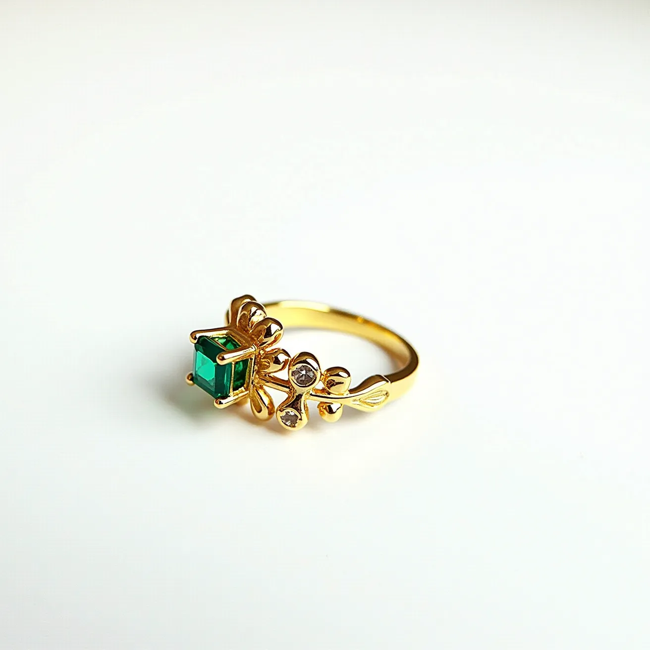 This mother's ring features a striking design crafted from gold material, accentuating its elegance and refined aesthetic. At its center, it holds a prominent square-cut green gemstone, likely an emerald, set in a four-prong setting that secures the stone while enhancing its vivid color and brilliance. Flanking the main gemstone are two smaller round clear stones, possibly diamonds or cubic zirconia, nestled in a bezel setting that complements the intricate design of the band. The ring showcases a floral motif, incorporating delicate leaf and vine details that enhance its natural and artistic appeal, and it seamlessly connects in a continuous loop without any visible clasps or attachments.