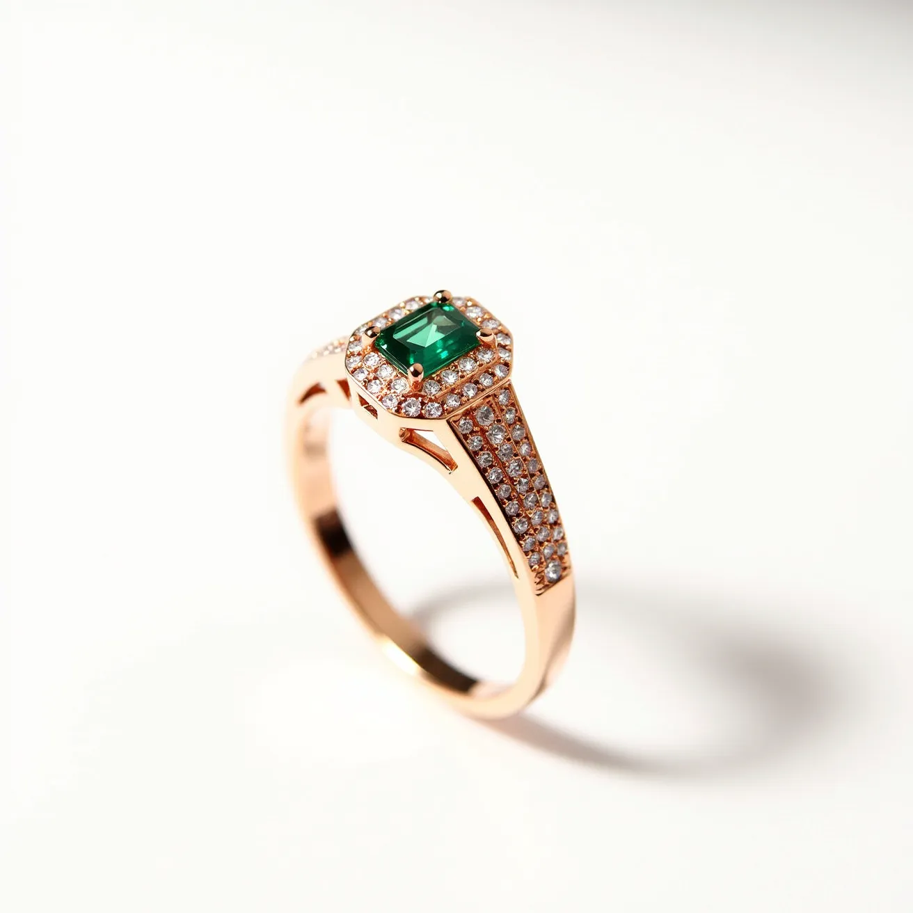 This mother's ring features a stunning design crafted from a warm, rose gold band. At its center is a captivating emerald-cut green gemstone, possibly an emerald, set in a classic prong setting that enhances its vibrant color. Surrounding the central stone is a halo of small, round, clear diamonds, which continue down the shoulders of the ring, adding an additional layer of sparkle. The ring's elegant design and use of contrasting colors and cuts give it a timeless and sophisticated appeal.