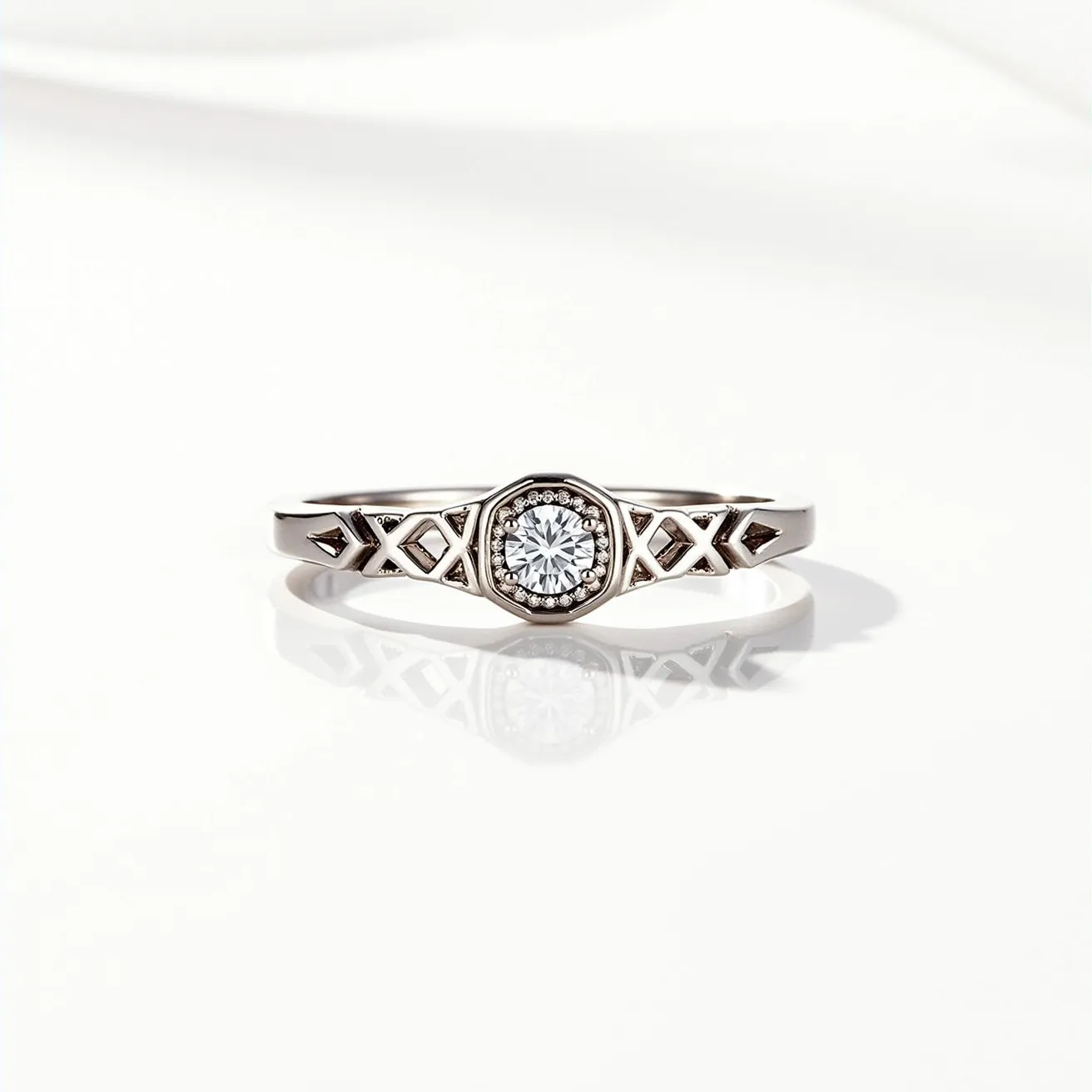 This mother's ring features a delicate and elegant design crafted from polished white metal, likely platinum or white gold. At its center, the ring showcases a round-cut diamond set in a secure bezel setting, offering both protection and a modern aesthetic. The band is adorned with a unique openwork pattern, adding an intricate and personalized touch. The diamond in the center is brilliant-cut, maximizing its sparkle and brilliance, while the bezel setting provides a clean and sleek outline around the gemstone. The combination of the metal and the sparkling diamond creates a classic and timeless piece that symbolizes elegance and familial connection.