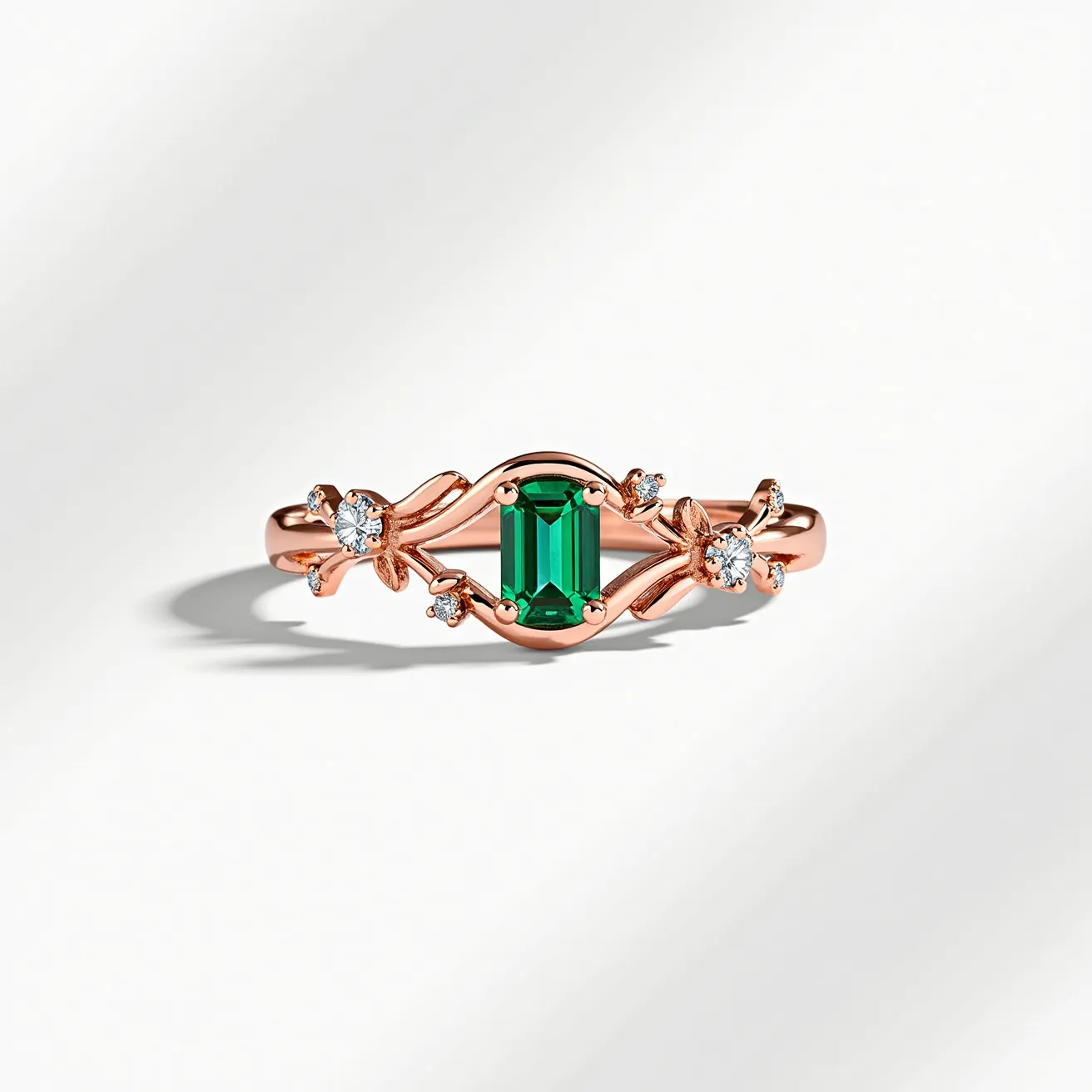 This mothers ring features a band made of rose gold, elegantly crafted into an intertwining floral design. At the center, a rectangular emerald-cut green stone is securely set, flanked by delicate floral accents on each side. These accents are adorned with small, round brilliant-cut diamonds set in prongs, adding a touch of sparkle. The combination of the green gemstone with the warm hue of rose gold and the dazzling diamonds creates a harmonious and elegant appearance.