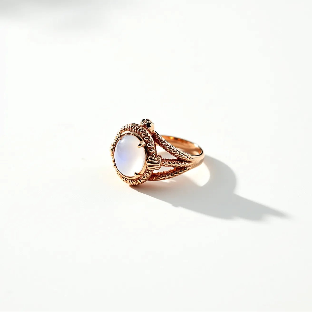 This mushroom ring is crafted from a warm, gold-toned metal, featuring an intricately textured band that adds a touch of elegance and character. At the center of the design is a smooth, round cabochon stone with a soft, milky appearance, likely moonstone. The gem is bezel-set with small, whimsical mushroom-shaped prongs, enhancing the ring's charming nature theme. These elements work together to create a delightful and unique piece of jewelry that draws the eye with its enchanting style.