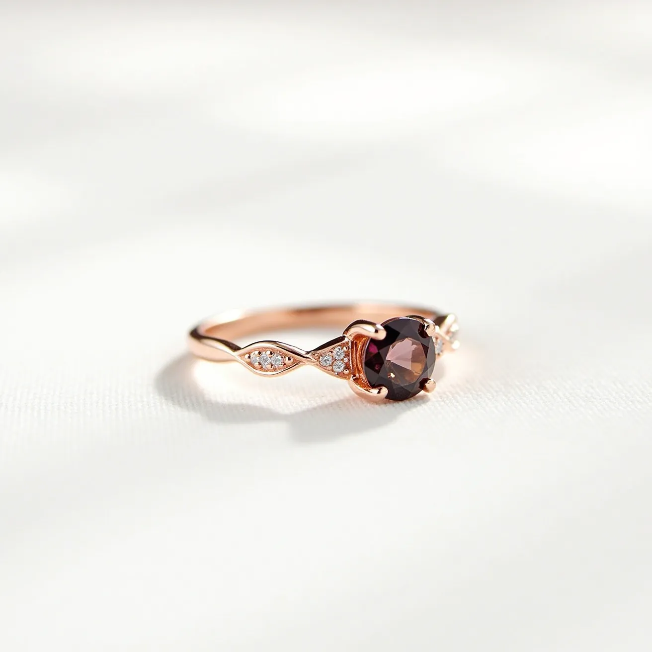 This November birthstone ring features a beautifully set round-cut gemstone, likely a topaz or citrine, which is typical for November. The stone is secured by a four-prong rose gold setting, enhancing its warm, earthy tones. The band exhibits an elegant design with small, sparkling accent stones, possibly diamonds, embedded in a twisting pattern that complements the main gemstone. The overall craftsmanship and intricate details reflect a sophisticated yet understated elegance.