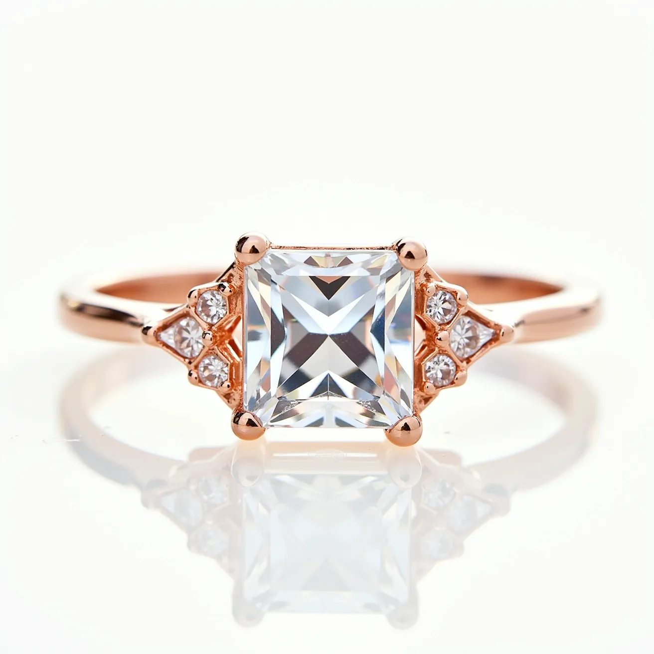 This November birthstone ring features a beautifully cut square gemstone set in an elegant rose gold band. The central stone, likely representing a topaz in its traditional transparent form for this month, is securely held in place by four prongs. Enhancing its allure, smaller round stones are artfully arranged on either side in a triangular pattern. Their sparkle complements the central gem, adding sophistication and charm.