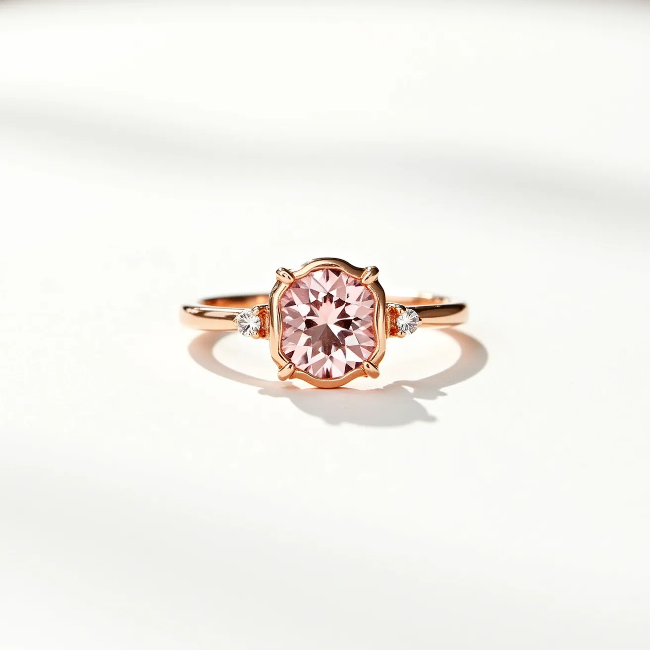 This November birthstone ring features a stunning center gemstone, likely topaz or citrine, known for these birthstone months, cut in a brilliant round that captures light beautifully. The gem is set in a delicate rose gold band, enhancing its warm tones. On either side of the central gem are two small, round, clear stones, possibly diamonds, adding a touch of sparkle and elegance to the design. The setting includes secure prongs that hold the central stone in place, ensuring durability and highlighting the gem's facets. The overall design is classic and sophisticated, making it a timeless piece of jewelry.