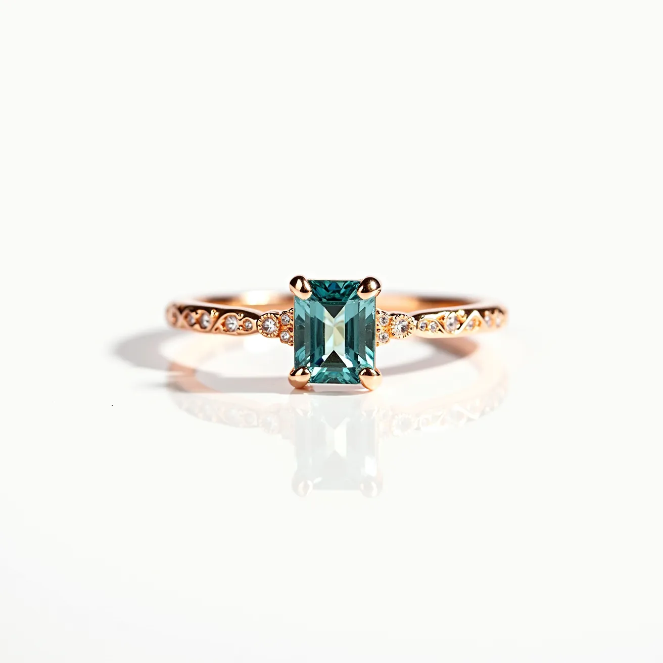 This November birthstone ring features a stunning emerald-cut stone, likely topaz or citrine, which is prominently set in a four-prong setting. The ring is crafted from a warm-toned metal, possibly rose gold, which complements the vivid color of the central gemstone. Along the band, a series of small round-cut diamonds or cubic zirconia are intricately set, adding a touch of sparkle and elegance. The band is smoothly polished, enhancing the overall luxurious appearance of the piece. The design is classic yet modern, making it a versatile accessory for various occasions.