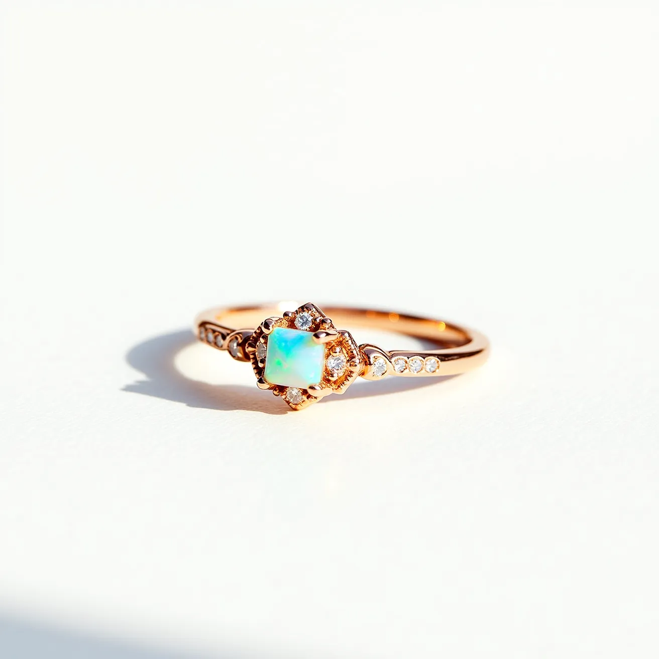 This October birthstone ring features a captivating opal as its centerpiece, displaying a mesmerizing play of colors that is characteristic of this gem. The opal is cut in a rounded, cushion shape, set elegantly within a delicate rose gold band. Surrounding the opal are small, shimmering diamonds that enhance its beauty, arranged in a classic prong setting that adds both security and style. The band also includes additional small diamonds set on either side of the opal, contributing to the ring’s overall sparkle. This design, with its harmonious blend of opal, diamonds, and rose gold, epitomizes elegance and timeless appeal.