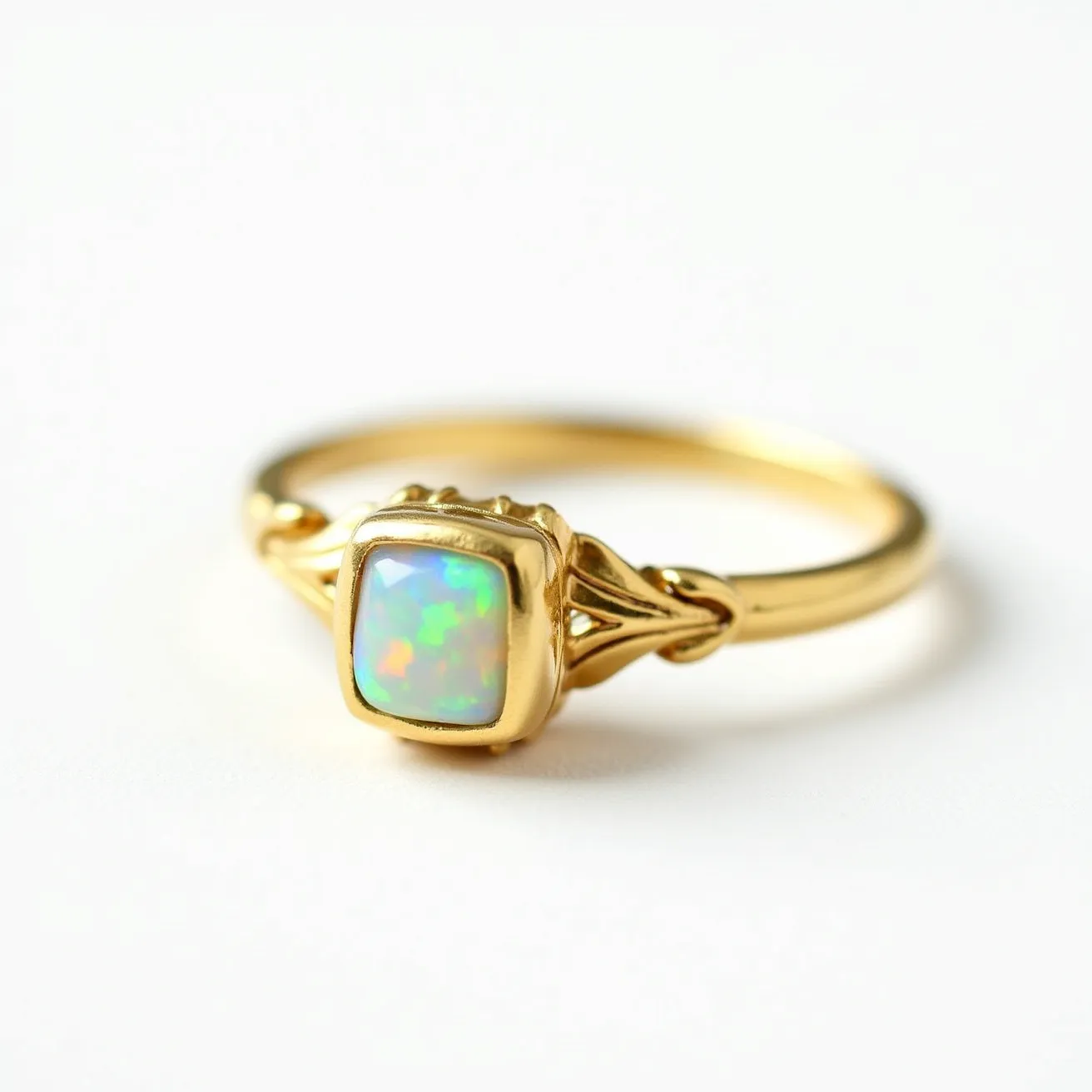 This October birthstone ring features a central opal gemstone, known for its mesmerizing play of colors, set in a square-shaped bezel setting. The opal displays vibrant hues that are characteristic of high-quality specimens. The band is crafted from gold, with elegant motifs on either side of the gemstone that add a touch of sophistication to the design. The simplicity of the setting highlights the opal's beauty, ensuring it remains the focal point of the piece.