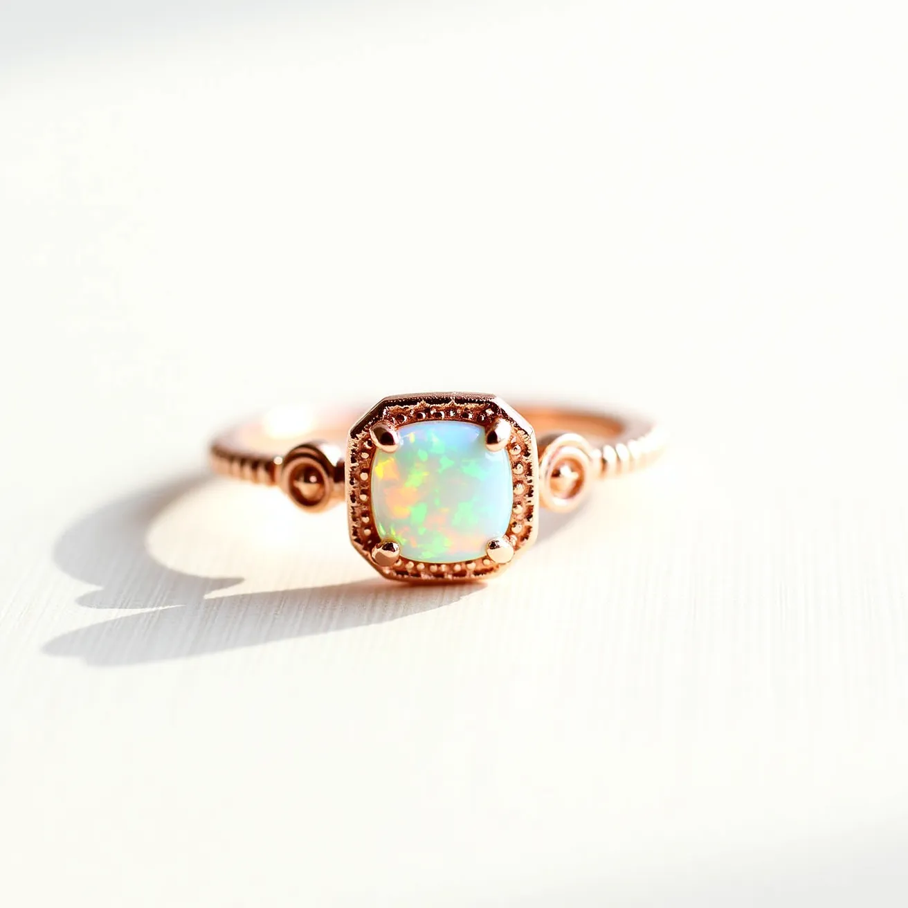 This October birthstone ring features a stunning opal set in a rose gold band. The opal, known for its iridescent play of colors, is cut in a cushion shape and secured with a four-prong setting. The ring's band is intricately designed with spiral embellishments on either side of the stone, adding a touch of elegance and detail to the piece. The rose gold enhances the opal's vibrant colors, creating a harmonious and eye-catching effect. There is no visible clasp or attachment, as it is a traditional ring design.