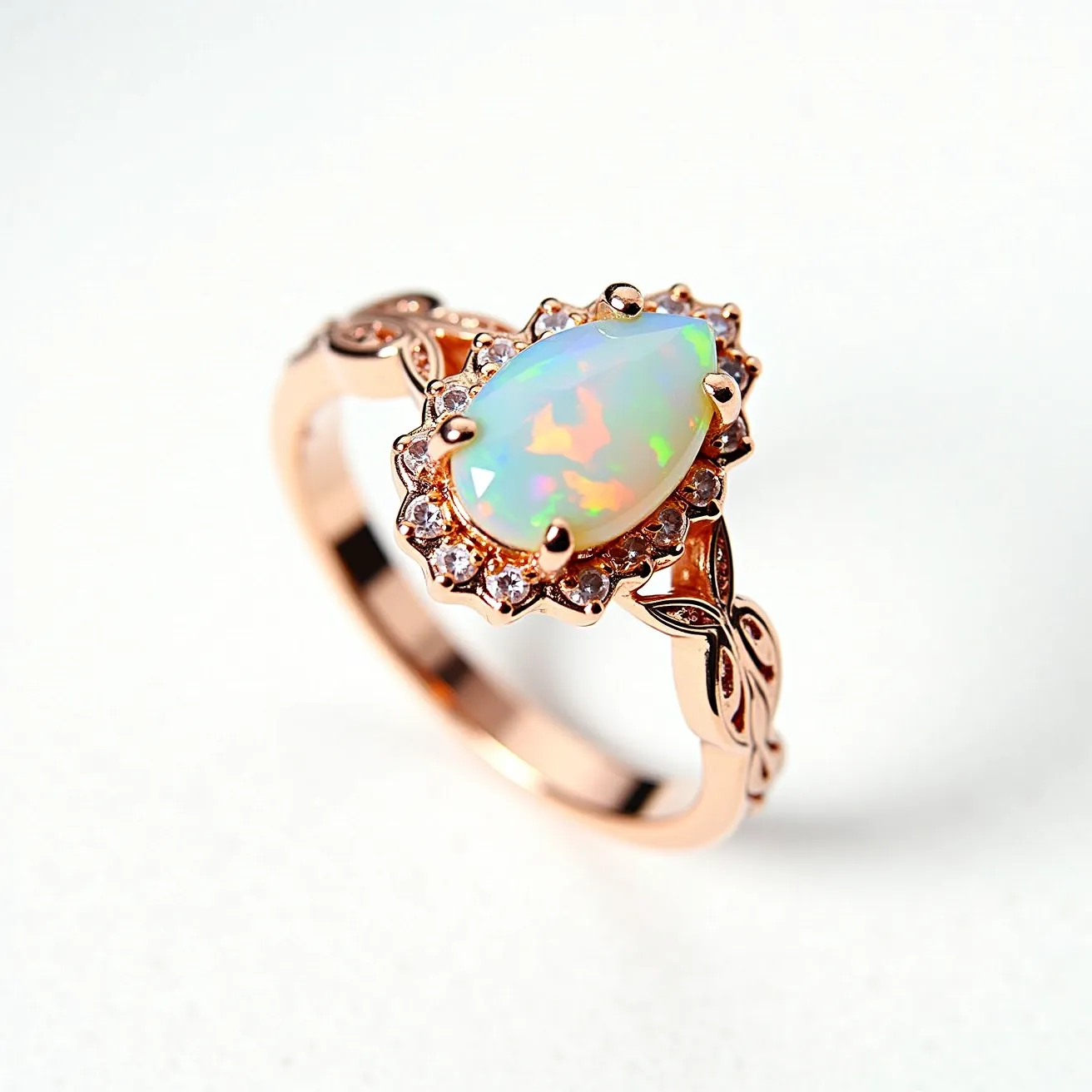 This October birthstone ring features a captivating opal at its center, cut in a smooth, pear shape that showcases the stone's vibrant play of colors. The opal is set with prongs in a rose gold band, which complements the stone's warm hues. Surrounding the opal is a halo of small, brilliant-cut white stones, enhancing its overall elegance and sparkle. The band itself is adorned with intricate leaf patterns, adding a touch of nature-inspired beauty to the design. This design highlights the classic and timeless allure of both opal and rose gold.