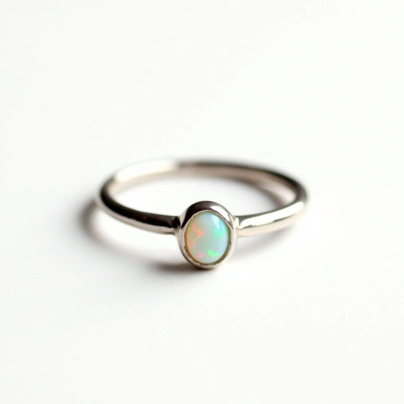 This October birthstone ring features an exquisite opal, which is the birthstone for the month. The opal is cut in a smooth, oval cabochon style that beautifully displays its play of color, showcasing hues of green, orange, and red. The stone is set in a classic bezel setting that securely holds the opal and allows its colors to shimmer vibrantly. The band of the ring is crafted from a polished silver material, with a sleek and simple design that complements the iridescent qualities of the opal. The combination of the opal's fiery play of colors with the gleaming silver band creates an elegant and timeless piece of jewelry.