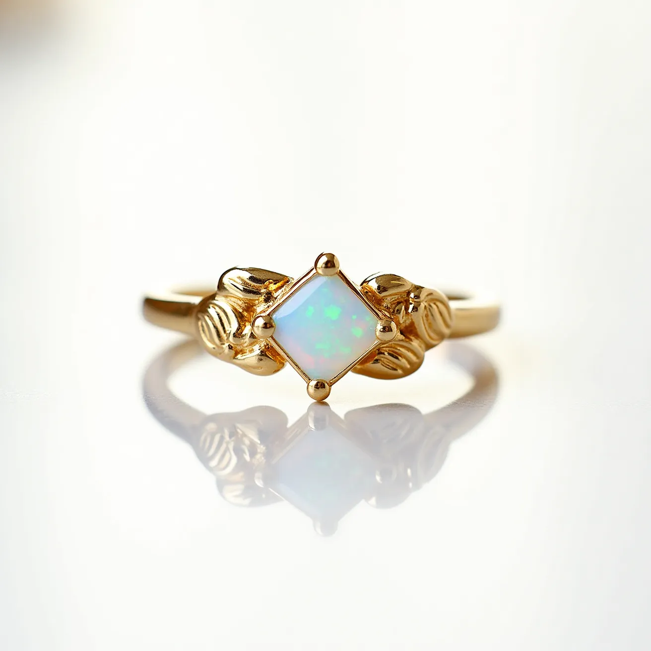 This October birthstone ring features a captivating square-cut opal, known for its iridescent play of colors, set elegantly in a secure prong setting. The opal is embraced by an intricate gold band, displaying decorative scrollwork that enhances its elegance and charm. The gold material adds a touch of warmth and luxury, complementing the opal's vibrant hues. The ring's design suggests a blend of classic and contemporary aesthetics, making it a timeless piece for the wearer.