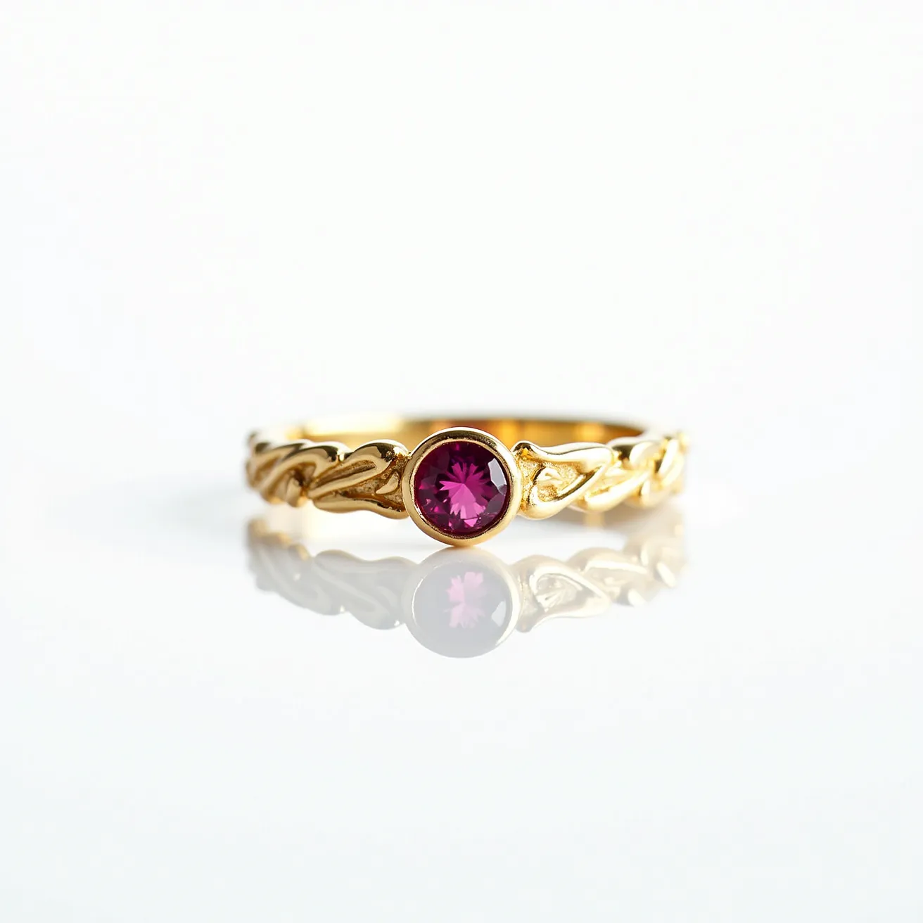 This October birthstone ring features a vibrant pink tourmaline, which is customary for this month. The gemstone is elegantly cut in a round shape and is secured in a bezel setting, offering both protection and a modern aesthetic. The band is crafted from yellow gold, which complements the warm tones of the tourmaline. Intricate leaf patterns are etched along the band, adding a touch of nature-inspired elegance to the design. There is no visible clasp as it is a traditional ring design, meant to easily slip onto the finger.