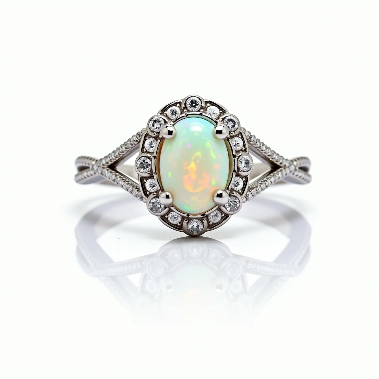 This opal engagement ring features a captivating oval opal centerpiece that displays a play of colors, set within a prong setting. The opal is encircled by a halo of smaller round diamonds, adding a brilliant contrast to the opal's luminescence. The band is crafted from what appears to be a polished white metal, possibly white gold or platinum, and showcases a twisted rope-like design on either side of the main setting. This intricate detailing enhances the overall elegance of the ring, making it a distinctive choice for an engagement ring.