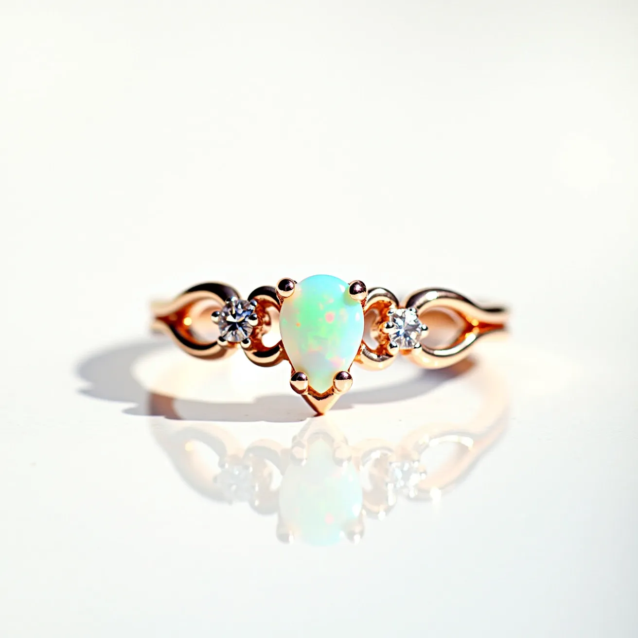 This opal engagement ring features a pear-shaped opal as its centerpiece, held in place by a prong setting. The opal exhibits a play of color, characteristic of fine opals, with varying hues that catch the light beautifully. It is flanked on either side by small, round, brilliant-cut diamonds, adding an elegant sparkle to the design. The band appears to be made from a polished metal, likely gold, enhancing the ring's luxurious appearance. The intricate design of the band includes loops that integrate seamlessly with the overall setting, offering a unique and sophisticated aesthetic.