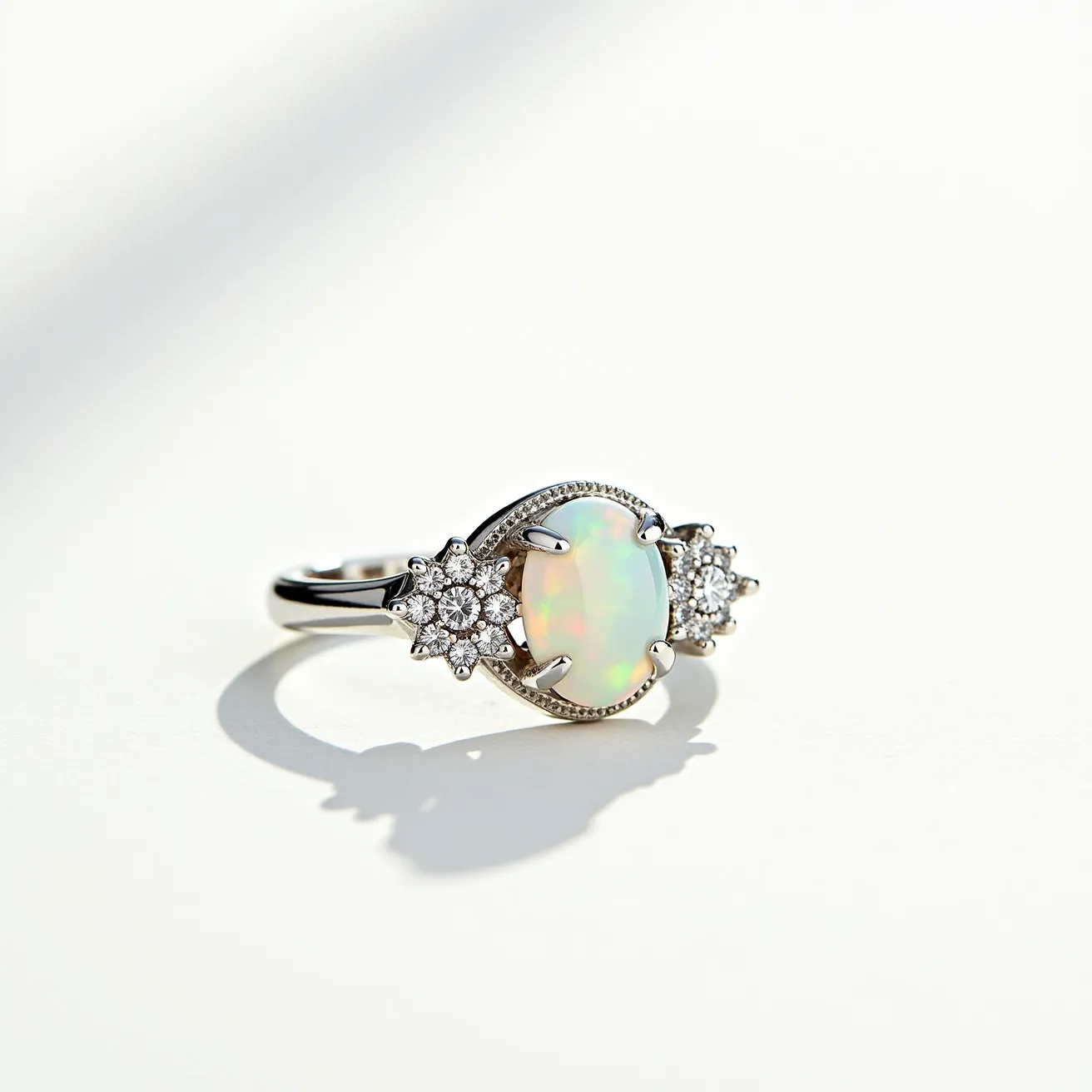 This opal engagement ring features a central, oval-cut opal with a lustrous play of colors, securely held in place by a sophisticated prong setting. Flanking the opal are clusters of round, brilliant-cut diamonds arranged in floral patterns, each set in white gold, adding a sparkling contrast to the opal's iridescence. The band, crafted from polished white gold, seamlessly integrates with the ornate setting, providing both elegance and durability. These elements combine to create a harmonious and eye-catching piece that balances the vibrant colors of the opal with the clarity and brilliance of diamonds.