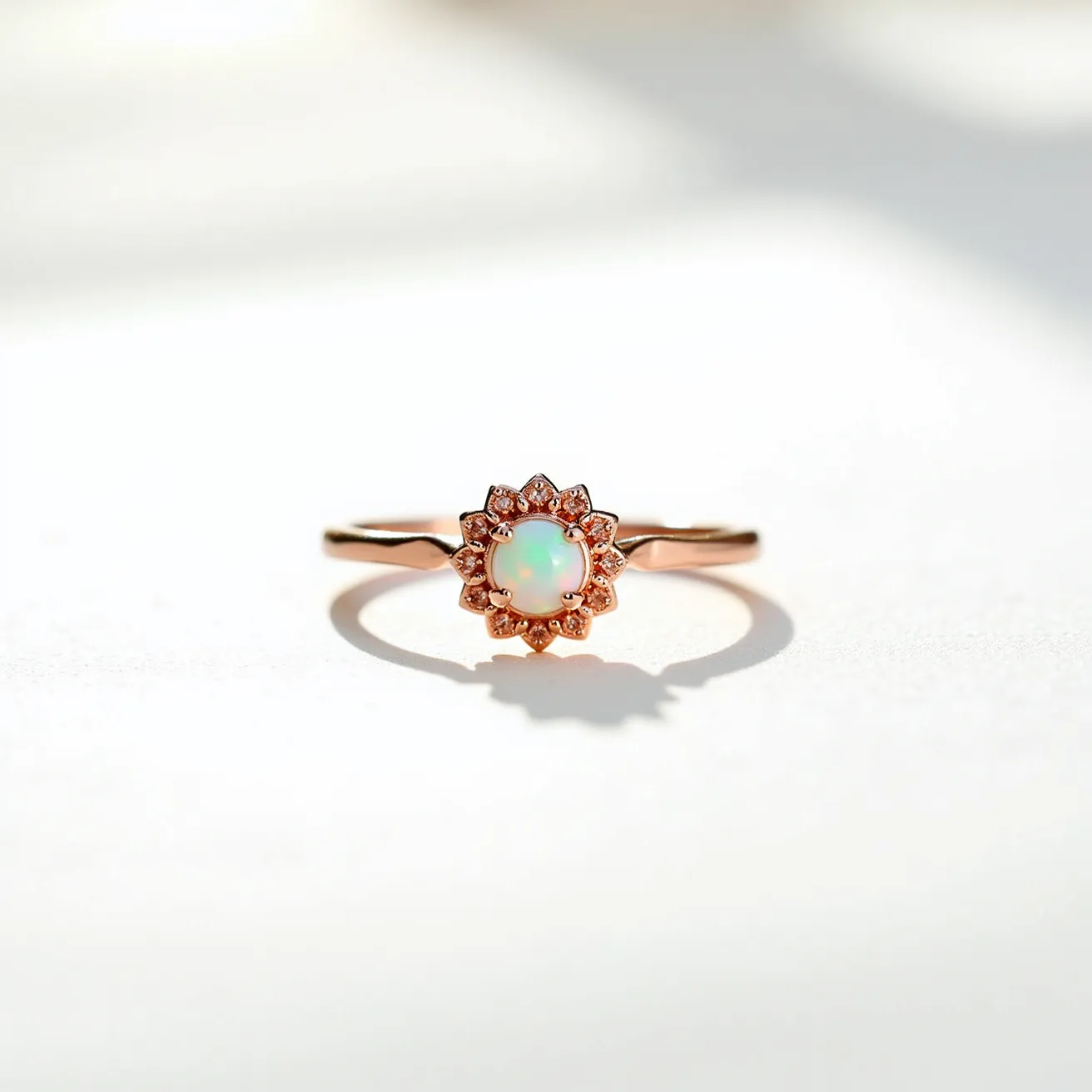 This opal engagement ring features a central round opal with a luminous, multicolored sheen, set in a prong setting. Surrounding the opal are smaller accent stones that add a delicate sparkle, suggestive of a floral or starburst design. The band appears to be crafted from a warm-toned metal, possibly rose gold, complementing the opal's natural iridescence. The ring showcases a harmonious blend of materials, creating an elegant and timeless piece suitable for an engagement.