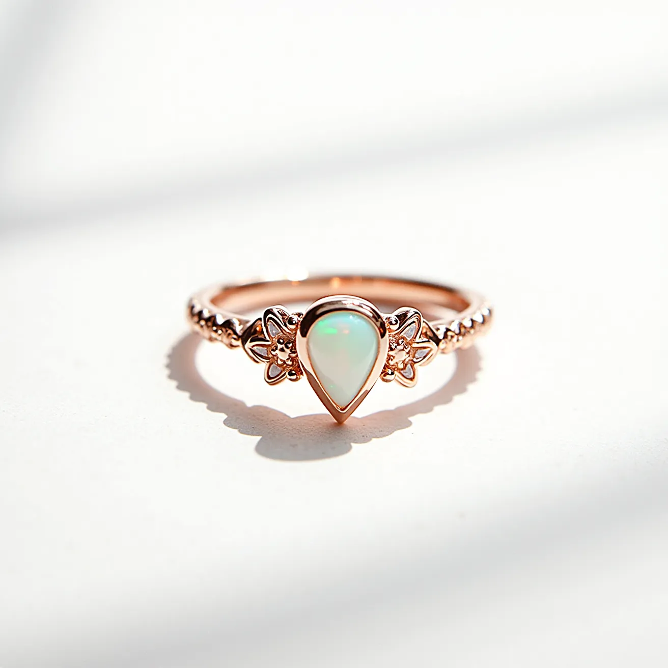 This opal engagement ring features a delicate pear-cut opal as its centerpiece, set in a polished rose gold band. The opal is elegantly framed with a bezel setting that highlights its unique play of color. Flanking the opal are decorative floral motifs that add an element of sophistication and grace. The band is adorned with small, intricate beadwork along the shank, enhancing the ring's vintage-inspired design. The opal's iridescence and the warm hue of the rose gold create a harmonious and elegant aesthetic.