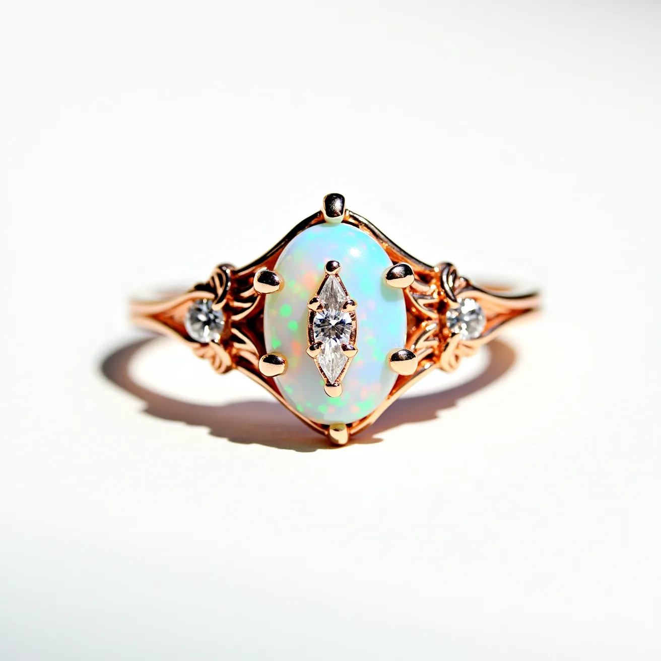 This opal engagement ring features a central opal with an iridescent display of colors and is set in a rose gold band. The opal is oval-shaped, complemented by a marquise-cut diamond in the center, which is securely held by prongs. Flanking the opal, two round brilliant cut diamonds are set into intricate floral or vine-like designs. The combination of opal, diamonds, and rose gold creates a unique and elegant appearance, enhancing the ring's overall aesthetic appeal.