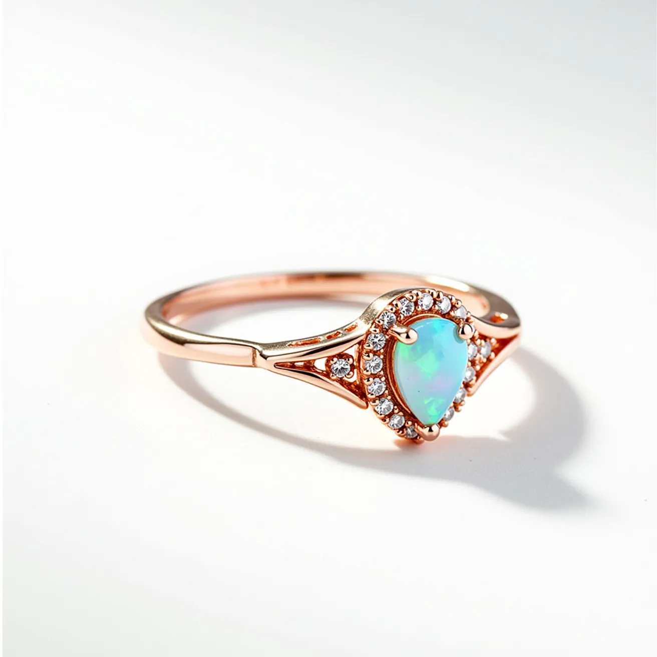 This opal engagement ring features a captivating teardrop-shaped opal as the centerpiece, surrounded by a halo of small round diamonds that enhance its opalescent colors. The opal is set in a prong setting, securely holding it in place while allowing its natural beauty to shine. The band, made of warm rose gold, complements the opal and diamonds elegantly, offering a refined and modern appearance. The design intricately combines classic and contemporary elements, providing a unique and elegant choice for an engagement ring.