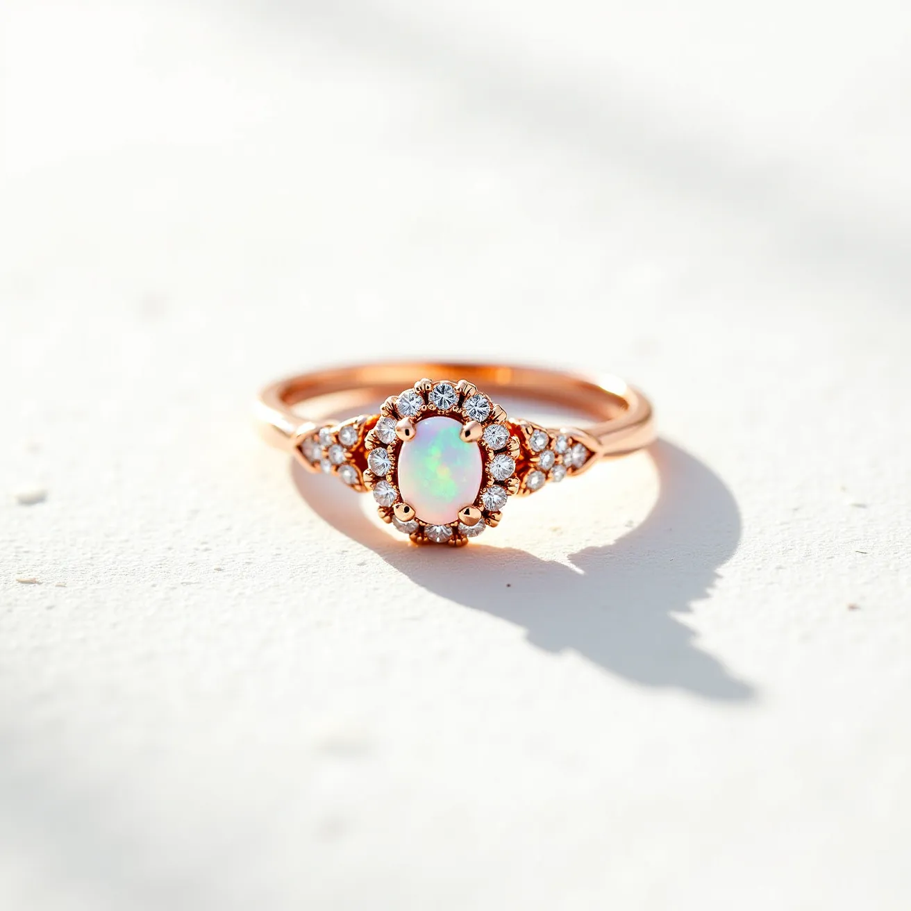 This opal engagement ring features a captivating oval-cut opal at its center, exuding a play of colors that are both vibrant and subtle. Surrounding the opal, a halo of small, round brilliant-cut diamonds accentuates its beauty, adding a touch of sparkle and elegance. The setting and band are crafted from a warm-toned metal, likely rose gold, which complements the opal's luminous glow. The setting holds the stones securely, and the band narrows delicately at the shoulders, enhancing the central design. This combination of materials and design elements results in a ring that is both timeless and uniquely enchanting.