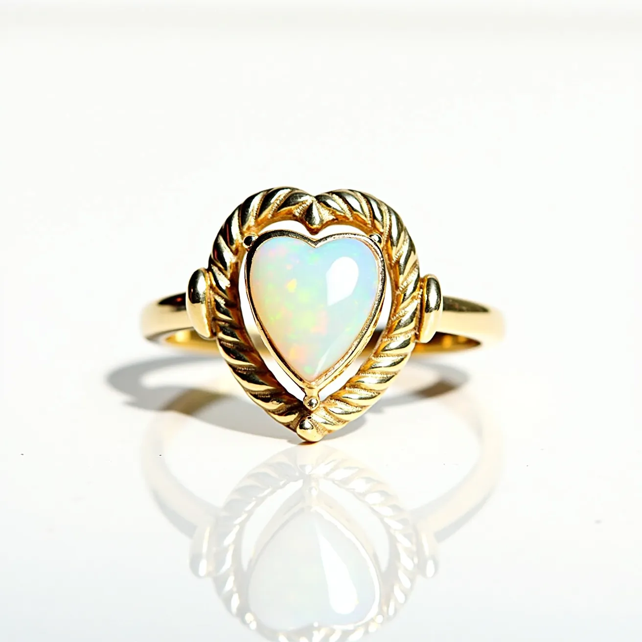 This opal ring features a heart-shaped opal stone, delicately set in a gold setting. The opal exhibits a captivating play of colors, with subtle hues visible across the surface. The ring has a decorative gold band with a twisted rope design surrounding the opal, adding elegance. The craftsmanship highlights the opal's natural beauty while providing a secure and stylish setting. The overall design reflects a traditional style with a romantic touch, enhancing the opal's vibrant allure.