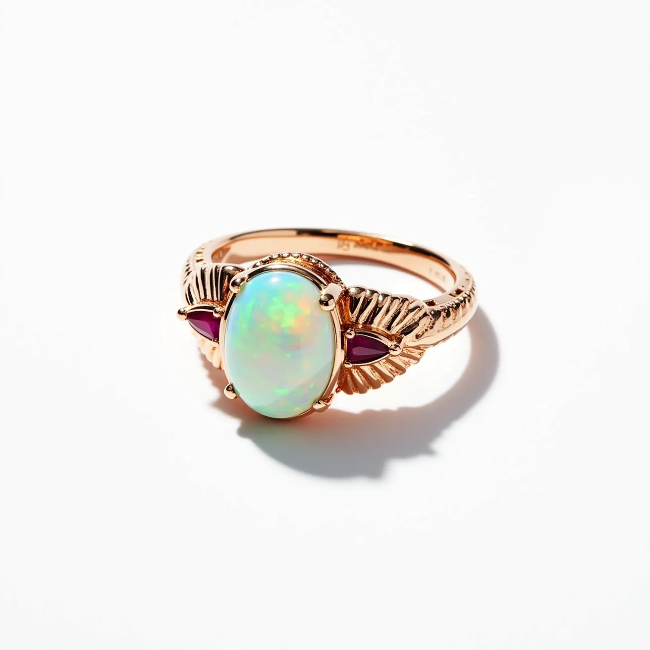 This opal ring features a luminous opal as the centerpiece, cut into an oval cabochon that showcases its iridescent play of colors. The opal is securely set in a prong setting, which allows for maximum visibility of the stone's vibrant hues. Flanking the central opal are two triangular-cut gems, likely rubies, adding a striking contrast with their deep red tones. The band of the ring is crafted from a warm-toned metal, possibly rose gold, which complements the colors of the stones and is adorned with intricate detailing that enhances the overall design. This setting provides an elegant and unique style, perfect for making a statement.