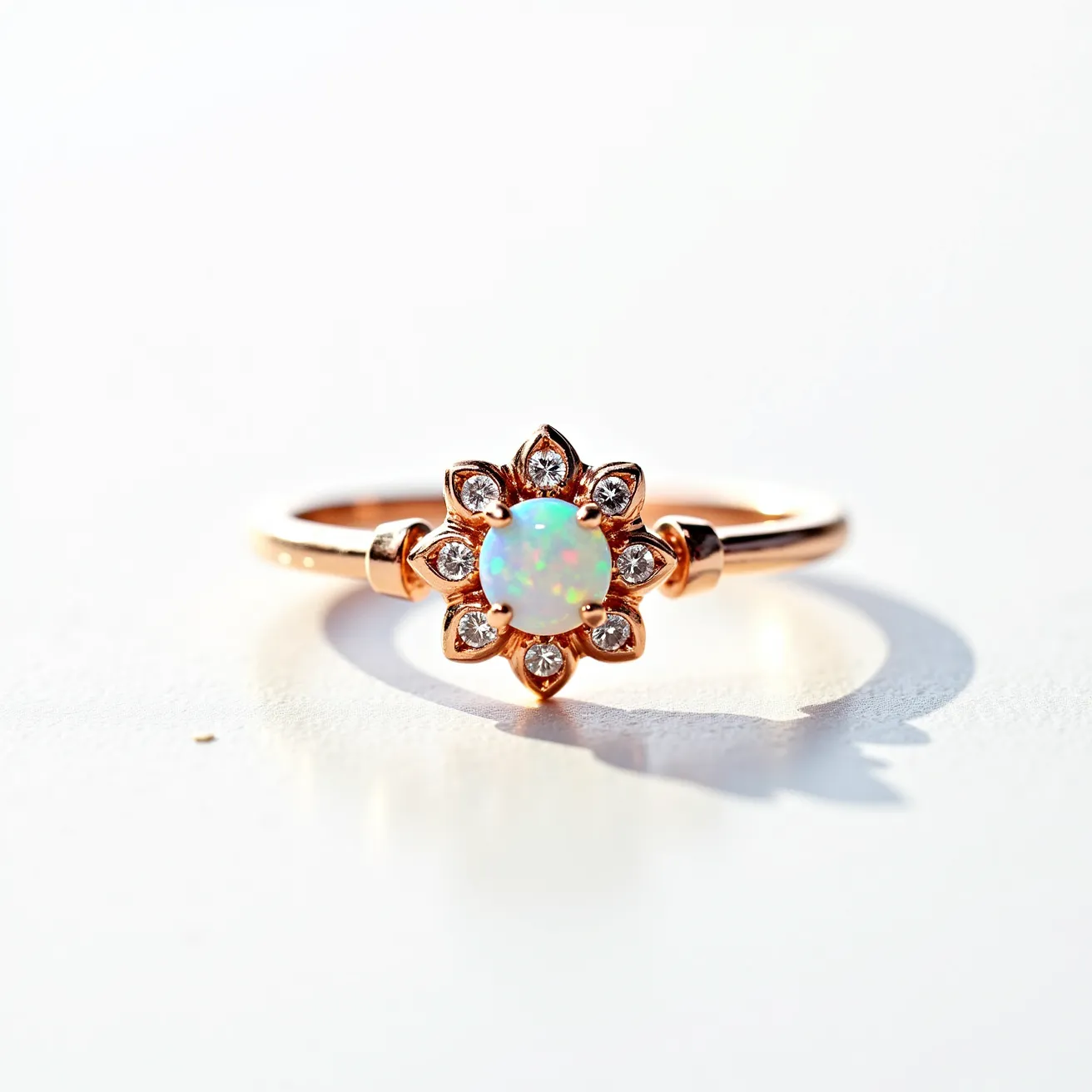 This opal ring showcases a captivating central opal, known for its play-of-color, set in a rose gold band. The opal is surrounded by a halo of sparkling round-cut diamonds, arranged in a floral motif, enhancing the ring's elegance. The diamonds are securely held in place with prongs, accentuating the opal's iridescence. The band is smooth and polished, contributing to the ring's refined appearance. This combination of opal and diamond, set in rose gold, creates a harmonious and stylish accessory.