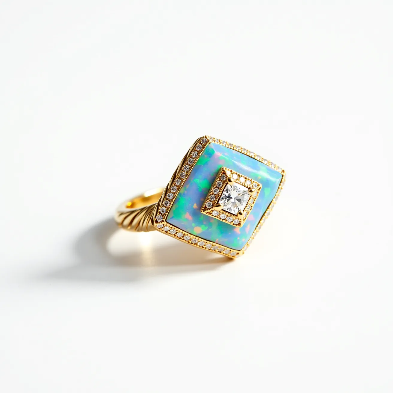 This opal ring features a striking square-shaped opal centerpiece, exhibiting a vibrant play of colors. The opal is surrounded by a delicate halo of smaller, round-cut diamonds that add a touch of brilliance to the setting. At the center, a square-cut diamond is securely placed, adding an additional focal point. The stones are set in a gold band with a smooth, polished finish, enhancing the ring's luxurious appearance. The band itself has a twisted detail, providing a unique texture and design element to the piece.