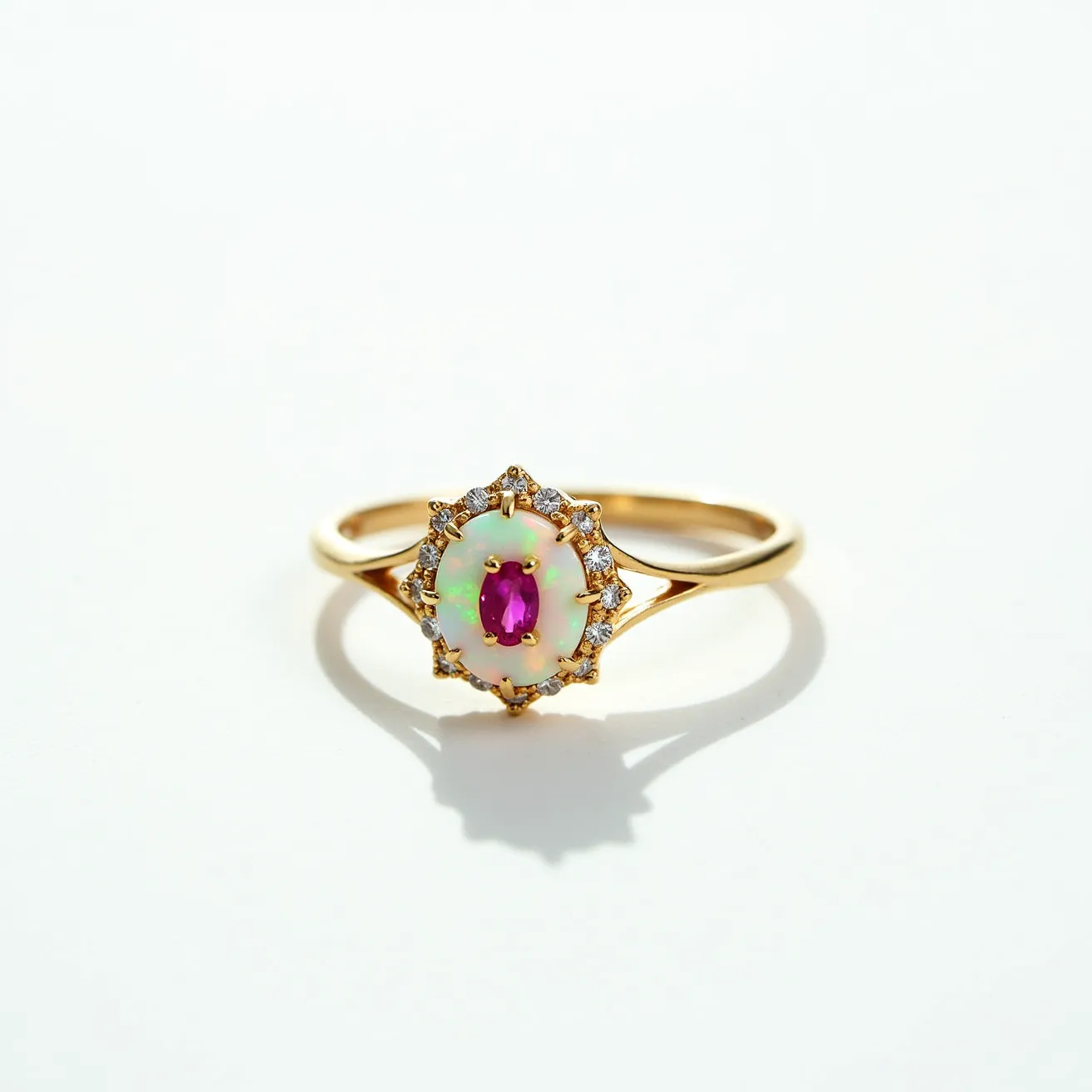 This opal ring features a central opal stone with an iridescent play-of-color, set in a sleek gold band. Encircling the opal is a series of small, round diamonds that enhance the ring's elegant and classic design. At the heart of the opal is an oval-cut pink gemstone, adding a vibrant pop of color. The setting is a delicate prong style that secures both the opal and surrounding diamonds while allowing maximum light to enhance their brilliance. The overall aesthetic is sophisticated, with a balance of color and sparkle that makes it a striking piece of jewelry.