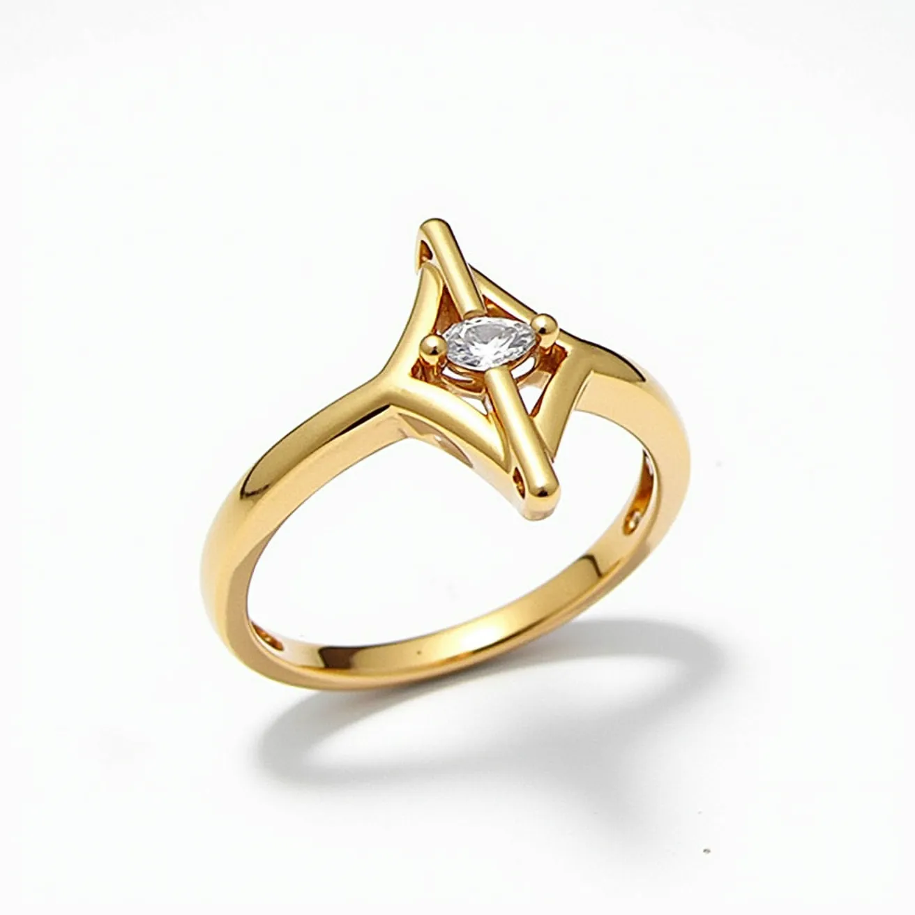 This open ring features a polished gold band with a modern and minimalist design. It showcases a single, clear stone, cut in a marquise shape and securely held in place by a four-prong setting. The band itself is slightly tapered, providing an elegant and contemporary look, while the open design offers a unique twist to traditional ring styles. The ring does not include any clasp or additional attachments, emphasizing its sleek and streamlined aesthetic.