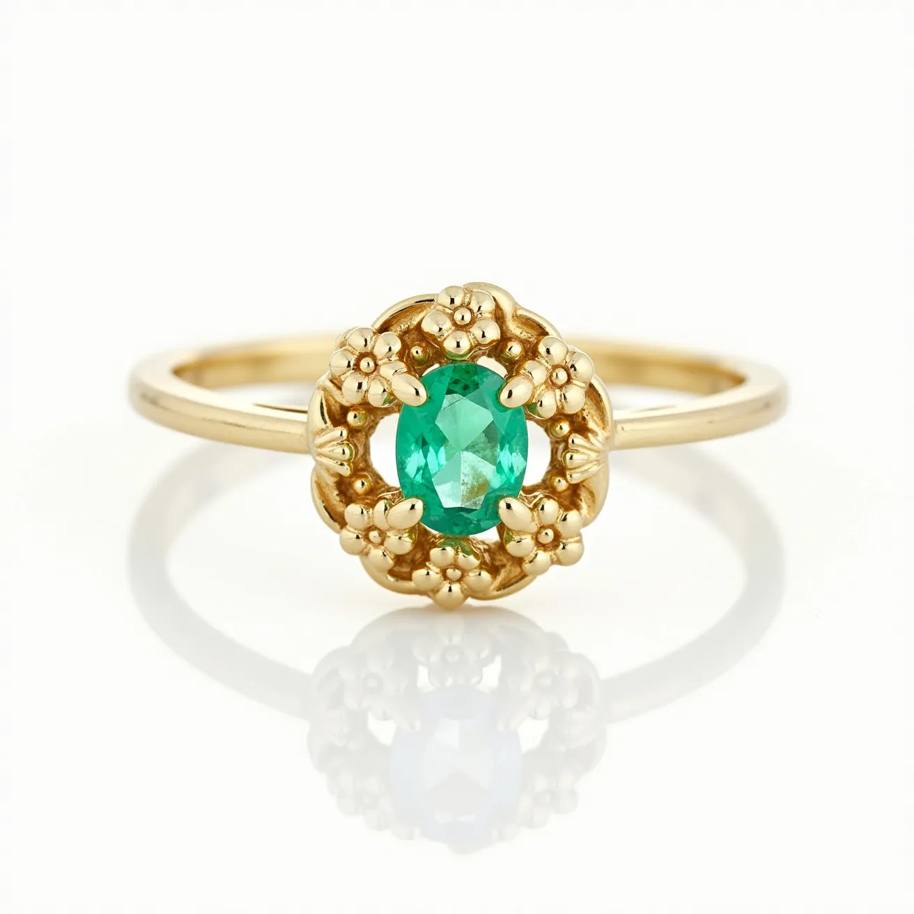 This open ring features a delicate design with a central oval-cut green gem, likely an emerald, which is the focal point of the piece. The gem is held securely in place by a bezel setting crafted from gold, adding to the ring's elegance. The gold material forms a floral motif surrounding the gem, enhancing its visual appeal and creating an ornate and refined look. The craftsmanship accentuates the vibrant color of the gem, harmonizing beautifully with the warm tones of the gold band.