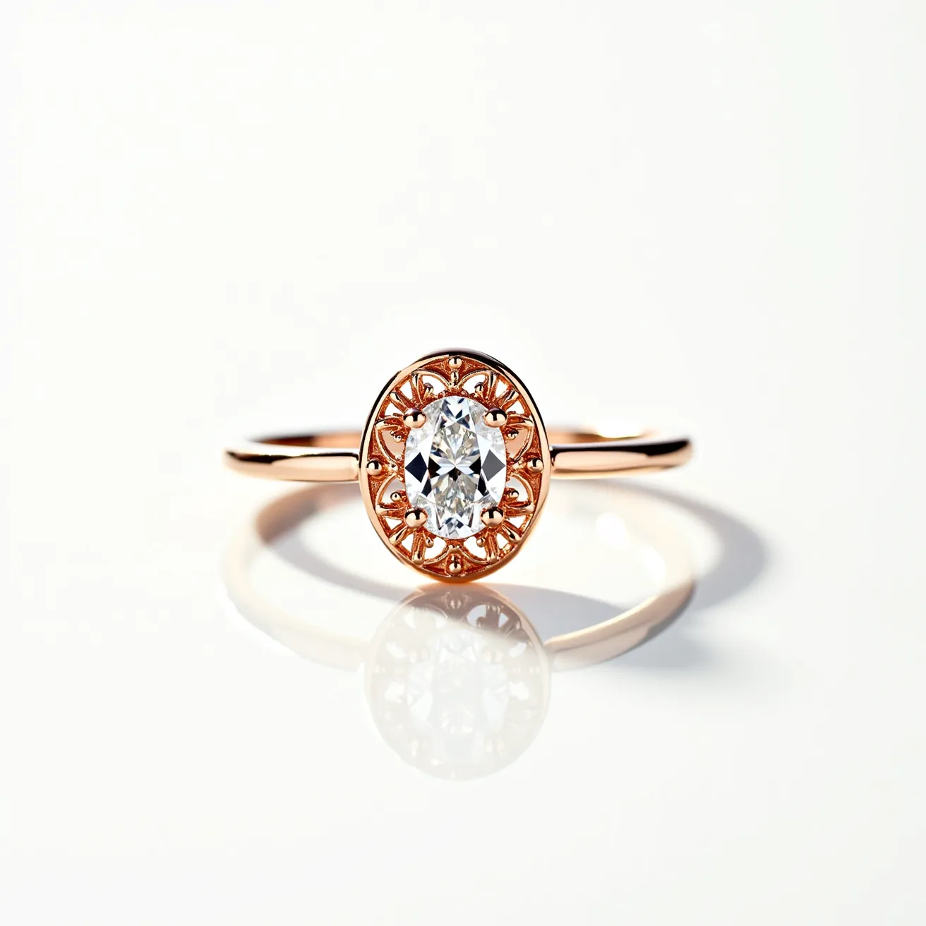 This oval diamond ring features a dazzling oval-cut diamond as its centerpiece, set within an intricately designed rose gold setting that adds a touch of elegance and sophistication. The band of the ring is slender, crafted from polished rose gold, which complements the central stone beautifully. Surrounding the diamond is a stunning halo of filigree work, enhancing the overall allure of the piece. The combination of the oval cut and the intricate setting creates a timeless and graceful aesthetic, perfect for those who appreciate delicate craftsmanship.