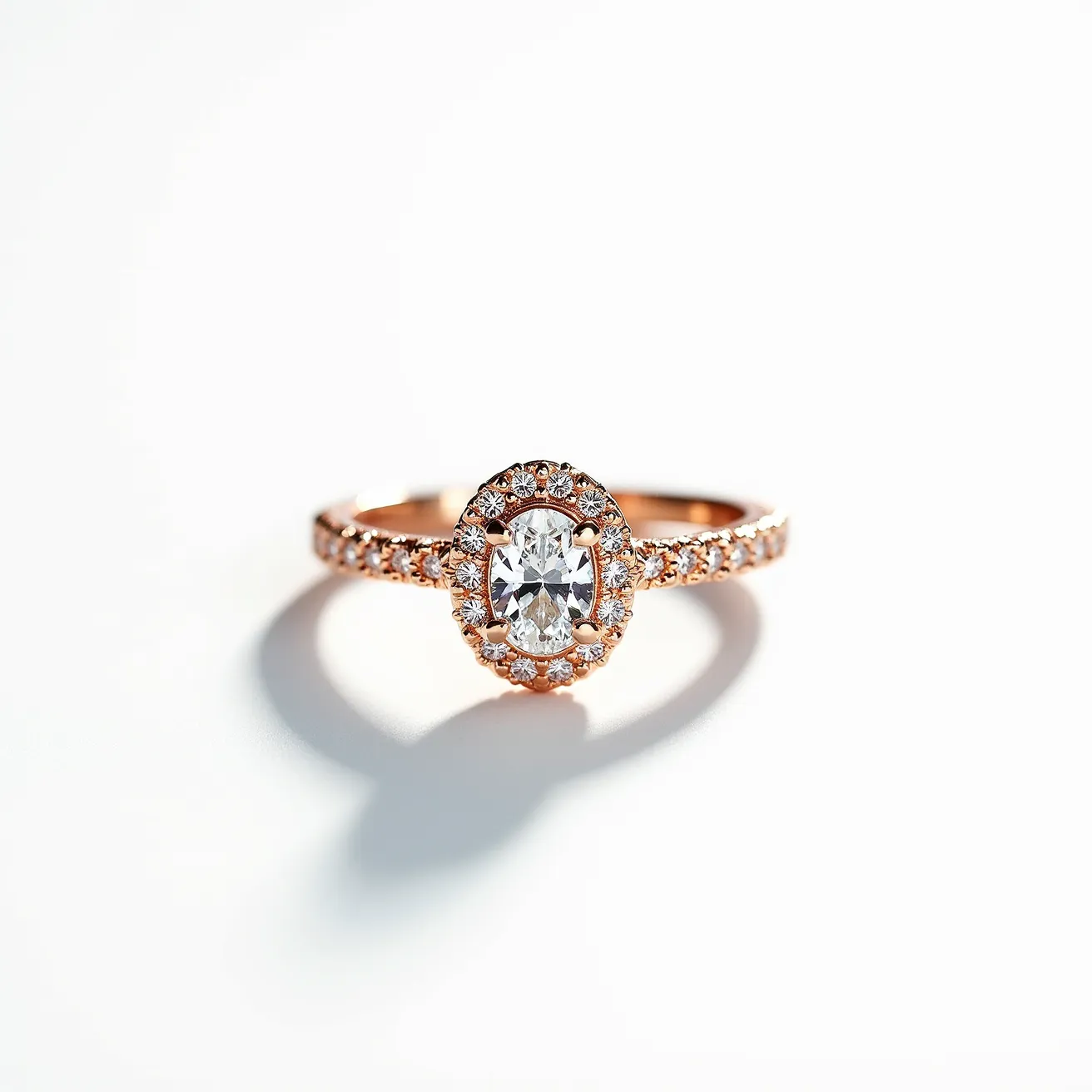 This oval diamond ring features a striking oval-cut diamond at its center, surrounded by a halo of smaller round diamonds that enhance its brilliance. The stones are set in a rose gold band, which adds a warm, elegant touch to the overall design. The band itself is lined with additional small round diamonds, creating a uniform sparkle around the entire ring. The setting is prong-style, securely holding the central diamond in place while allowing for maximum light exposure. This ring exemplifies a blend of classic elegance and modern luxury.