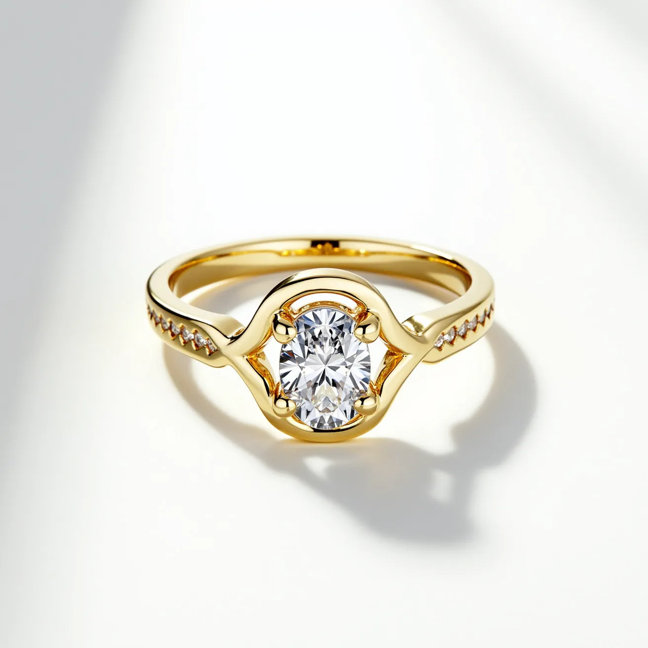 This oval diamond ring features a central oval-cut diamond, elegantly set in a bezel setting that enhances its radiance. The band is crafted from a rich, polished gold material, adding a classic touch to the piece. Along the sides of the band, small accent diamonds are embedded, providing additional sparkle and sophistication. The design showcases a seamless integration of the central gem and the band, creating a harmonious and timeless look.