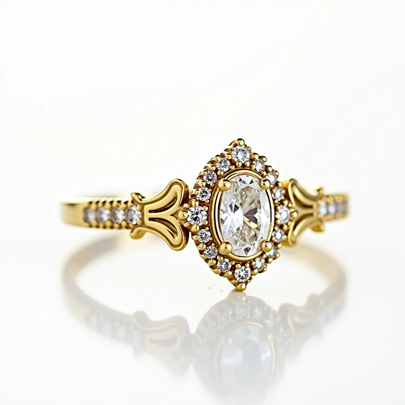 This oval diamond ring features a stunning central oval-cut diamond, set within a halo of smaller round diamonds that enhance its brilliance. The gems are elegantly mounted in a setting crafted from yellow gold, which adds a warm and classic touch to the design. The band is adorned with additional small diamonds, contributing to the ring's overall sparkle and luxurious appearance. The craftsmanship includes intricate detailing on the sides of the band, adding a unique and sophisticated aesthetic to the piece.