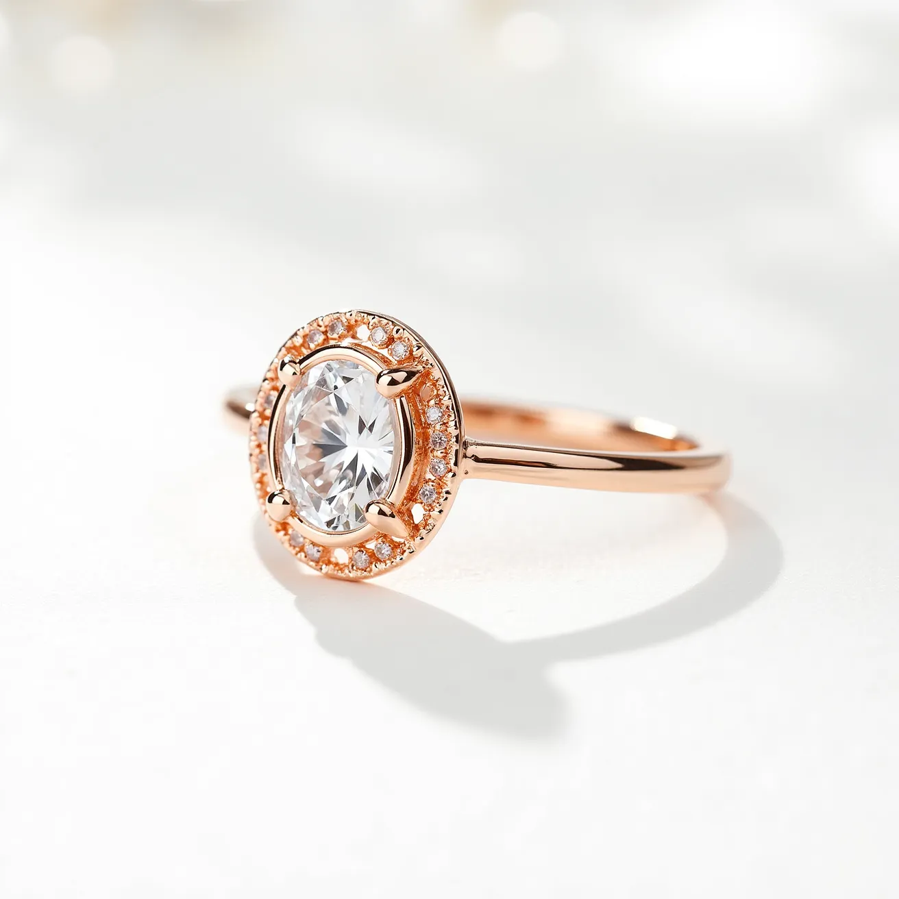 This oval diamond ring features a central oval-cut diamond set in a halo of smaller round diamonds, enhancing its brilliance and size appearance. The setting and band are crafted from rose gold, which adds a warm, elegant touch to the piece. The main diamond is secured with four prongs, ensuring stability and security, while the surrounding halo is embedded with smaller accent diamonds that complement the central stone. The band is sleek and polished, offering a refined and contemporary aesthetic. This combination of materials and design elements creates a striking and sophisticated piece of jewelry.