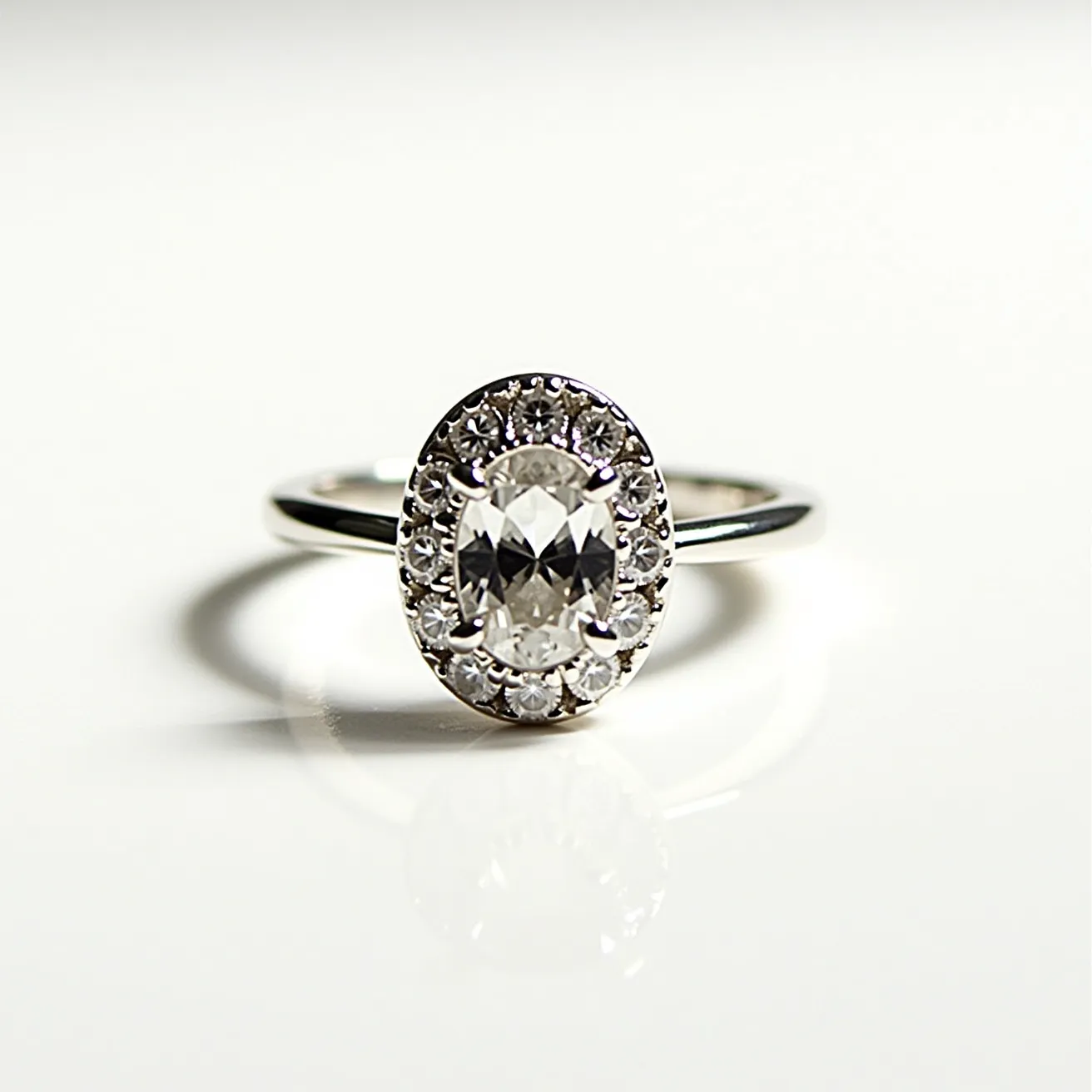 This oval diamond ring features a central oval-cut diamond, surrounded by a halo of smaller round diamonds that enhance its brilliance and elegance. The diamonds are set in a polished metal band, likely made from platinum or white gold, which complements the sparkling stones. The setting securely holds the central diamond with prongs, while the surrounding halo is also securely embedded in the band. The overall design is classic and sophisticated, focusing on showcasing the central gem and accents.