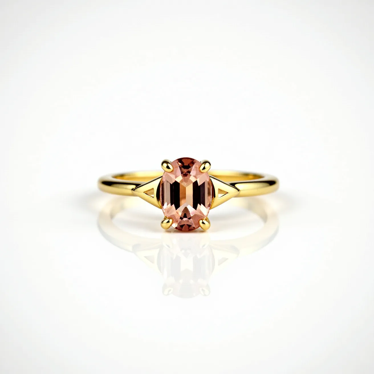 This oval engagement ring features a beautifully cut, pink-colored oval gemstone held securely in place by a four-prong setting. The band is crafted from yellow gold, adding a warm, classic appeal to the piece. Triangular accents on either side of the stone enhance its elegance and draw attention to the central gem. The ring's design combines timeless beauty with modern touches, making it an exquisite choice for an engagement.