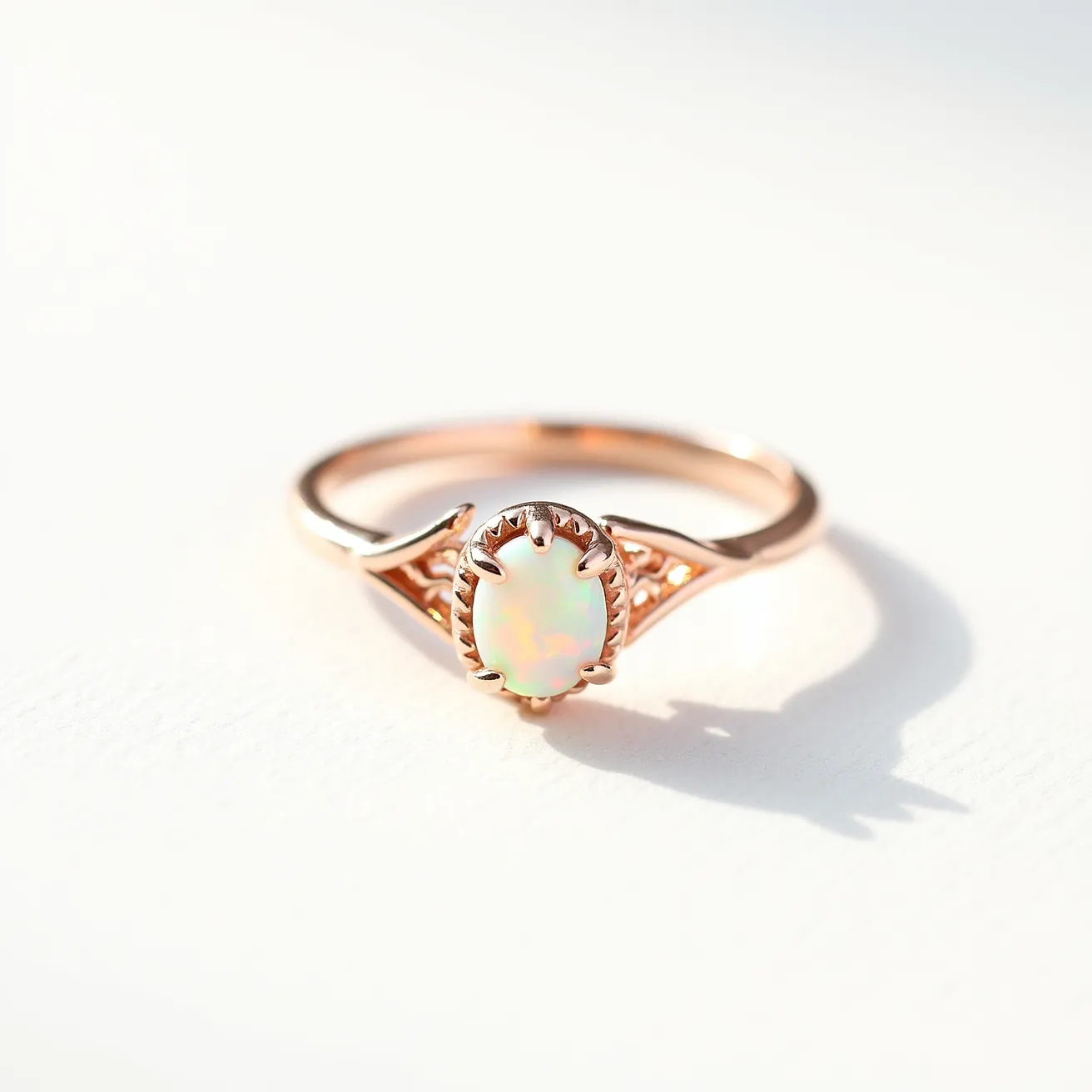 This oval engagement ring features a central opal gemstone, showcasing its characteristic play of colors. The opal is cut in an oval shape and is set in a delicate claw setting, which secures the stone while allowing maximum light to enhance its natural iridescence. The band appears to be crafted from rose gold, adding a warm, elegant tone to the piece. The ring design includes intricate filigree details on the sides, providing a vintage flair and sophisticated touch to the overall aesthetic.