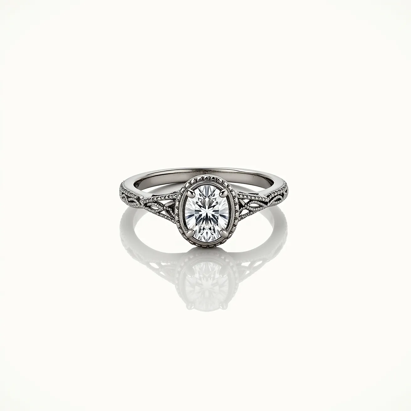 This oval engagement ring features a central oval-cut diamond set in a classic four-prong setting, highlighting its brilliance and elegance. The band is crafted from a polished metal, likely white gold or platinum, adding a sophisticated and timeless appeal. The band is adorned with intricate detailing, possibly milgrain or filigree work, which enhances the overall vintage aesthetic of the ring. The prongs securely hold the diamond in place, ensuring both beauty and stability.