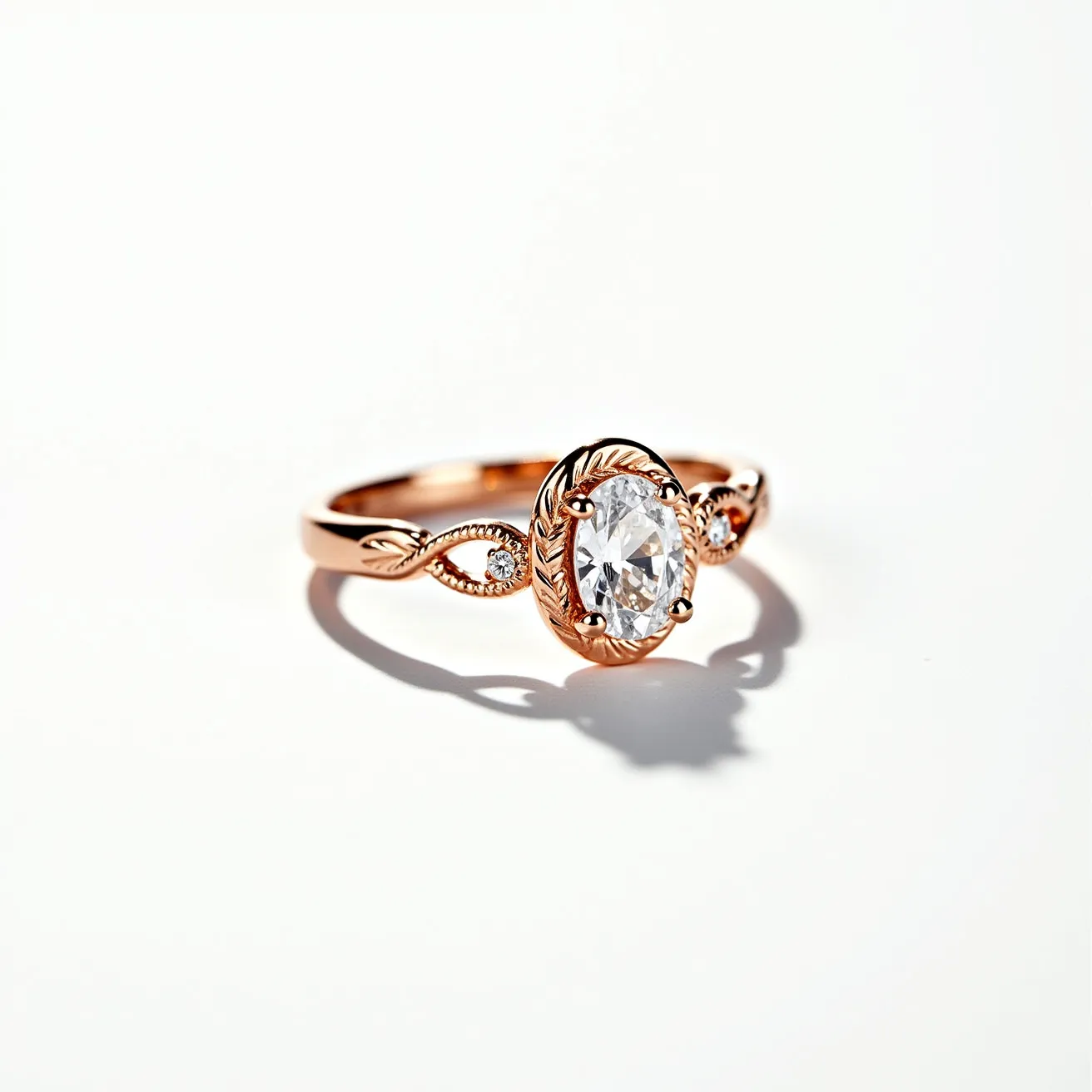 This oval engagement ring features a central oval-cut diamond securely held by a four-prong setting. The band is crafted from rose gold, adding a warm hue to the piece. Delicate detailing surrounds the central stone, with intricate engravings enhancing its elegance. The band includes smaller round diamonds set on either side of the central gem, adding extra sparkle. The band wraps smoothly around the finger, culminating in a beautifully crafted and eye-catching design.