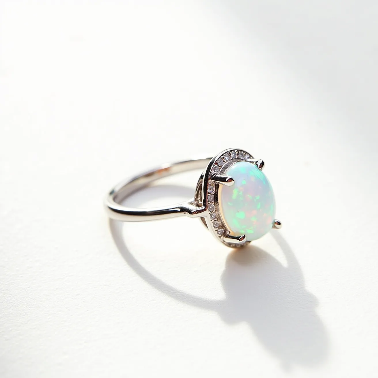 This oval engagement ring features a striking opal gemstone at its center, showcasing a vibrant play of colors. The opal is an oval cabochon cut, reflecting a spectrum of hues. It is set in a four-prong setting, securely holding the stone in place. Surrounding the opal is a halo of small round cut diamonds, adding an elegant sparkle to the piece. The band appears to be made of a polished white metal, likely white gold or platinum, enhancing the ring's overall luster and sophistication.