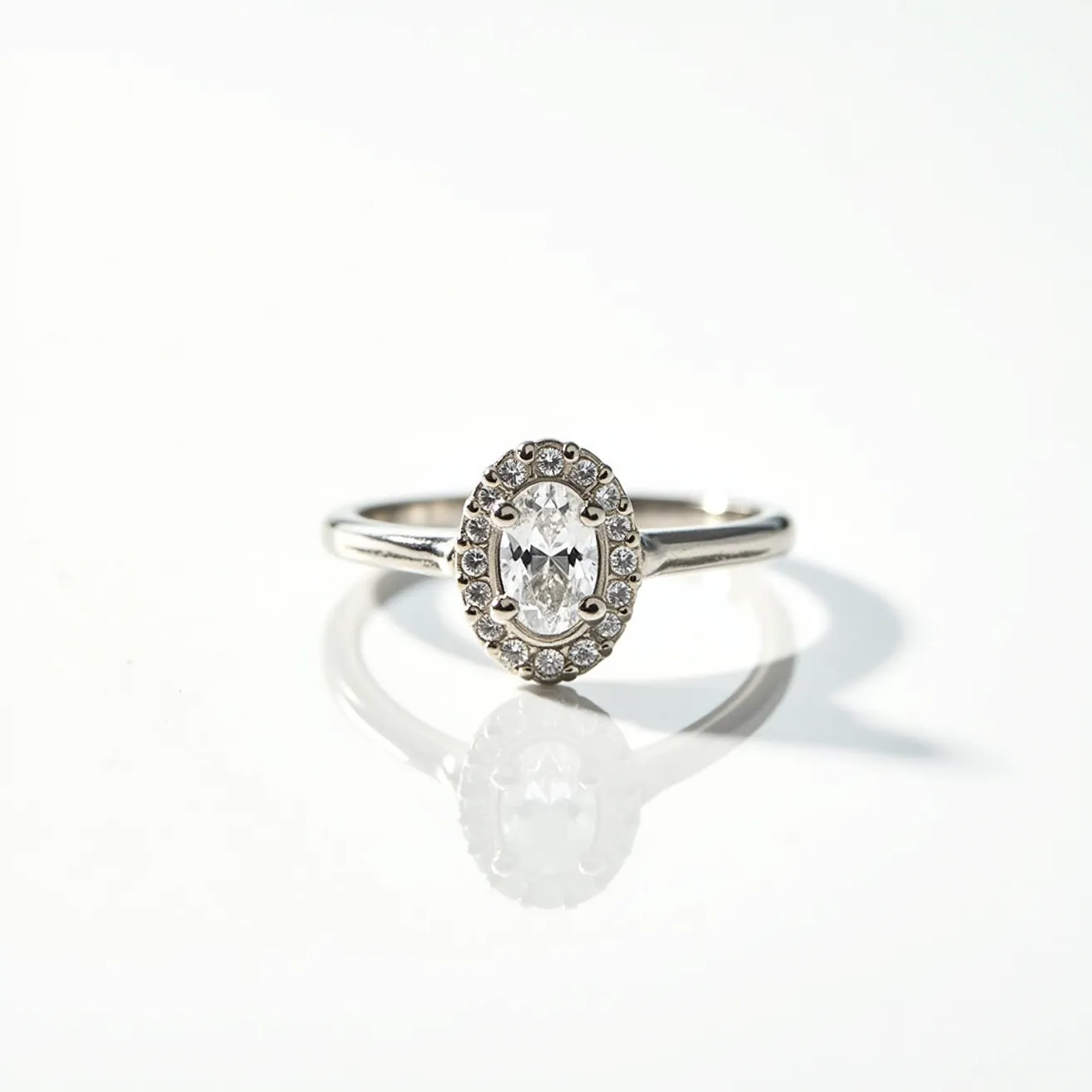 This oval engagement ring features a central oval-cut diamond set in a prong setting, which accentuates its brilliance and shape. Surrounding the central gem is a halo of smaller round-cut diamonds, enhancing the overall sparkle and adding a layer of elegance to the design. The band is crafted from a polished white metal, likely platinum or white gold, providing a sleek and sophisticated look. The combination of the central oval diamond with the halo setting creates a timeless and classic aesthetic, ideal for a romantic and luxurious engagement piece.