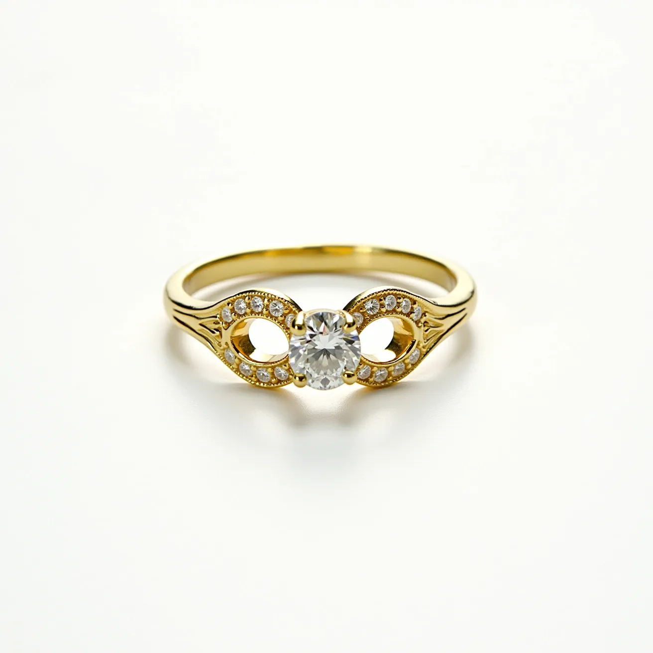 This oval engagement ring features a central round-cut diamond, elegantly set in a yellow gold band. The band showcases intricate openwork designs with small pavé-set diamonds that enhance the overall sparkle of the piece. The diamonds are securely held in place with a classic prong setting, ensuring durability while maintaining a timeless aesthetic. The combination of the central diamond with the surrounding smaller stones creates a striking effect, making this ring a unique choice for an engagement.