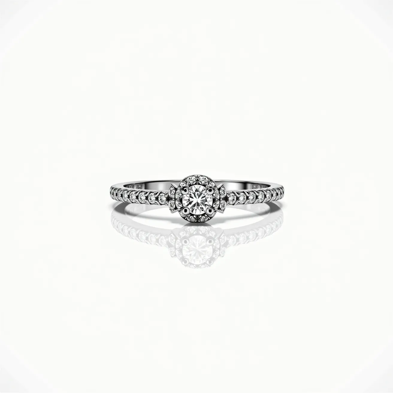 This pave diamond ring features a central round brilliant-cut diamond, elegantly set in a halo of smaller diamonds that enhance its sparkle. The band is crafted from a polished metal, likely white gold or platinum, which complements the diamonds' brilliance. Along the band, pave-set diamonds continue, offering a seamless transition of shimmer and enhancing the ring's overall luminosity. The setting showcases precise craftsmanship, with each stone securely inset, and the halo setting amplifies the central diamond's radiance. The design combines classic elegance with modern sophistication, making it a timeless piece.