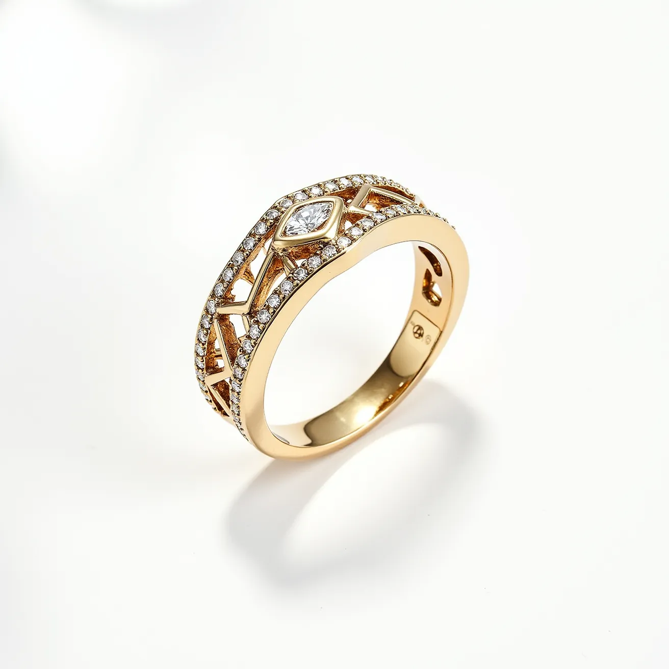 This pave diamond ring features a stunning design crafted from a gold band. It is embellished with small, round-cut pave-set diamonds that gracefully encircle the band, adding sparkle and texture. At the center, there is a marquise-cut diamond set in an openwork geometric pattern, enhancing the ring’s elegance and intricate artistry. The combination of gold and diamonds creates a luxurious and timeless appearance, making the ring a captivating piece of jewelry.