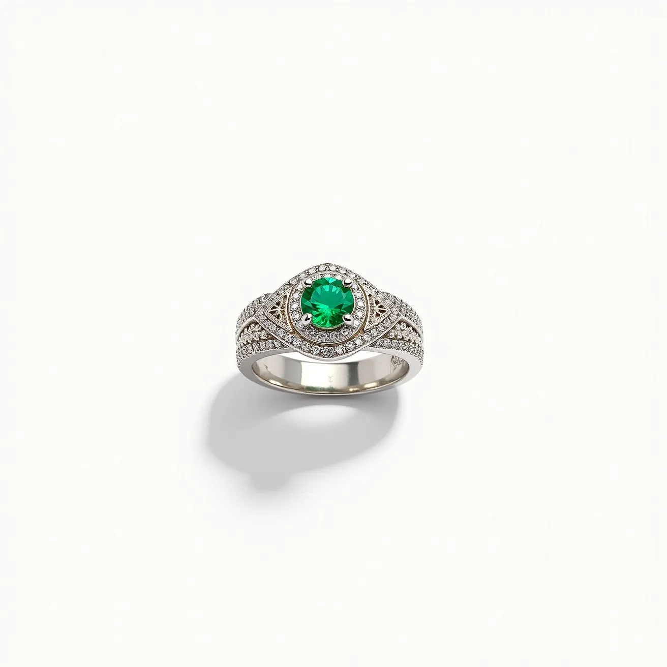 This pave diamond ring features a stunning design with a central round-cut emerald gemstone, which is held in place by a secure setting. Surrounding the emerald are numerous small, brilliant-cut diamonds intricately set in a pave style, creating a shimmering effect that enhances the overall elegance of the ring. The band is crafted from a lustrous metal, likely white gold or platinum, which complements the color and brilliance of the gems. The ring's intricate detailing and craftsmanship highlight its luxurious and sophisticated appeal.