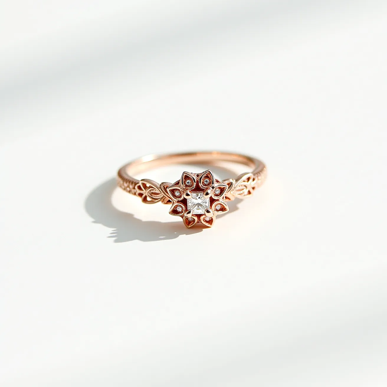 This pave ring showcases a stunning floral design crafted in rose gold, featuring intricate filigree detailing on the band. At the heart of the floral motif sits a central diamond, cut in a princess shape, elegantly set to capture light from all angles. Surrounding the central stone are smaller round diamonds embedded in the petals, adding to the ring's sparkle in a pave setting. The band is slender and integrates seamlessly with the floral centerpiece, providing a delicate and graceful appearance.