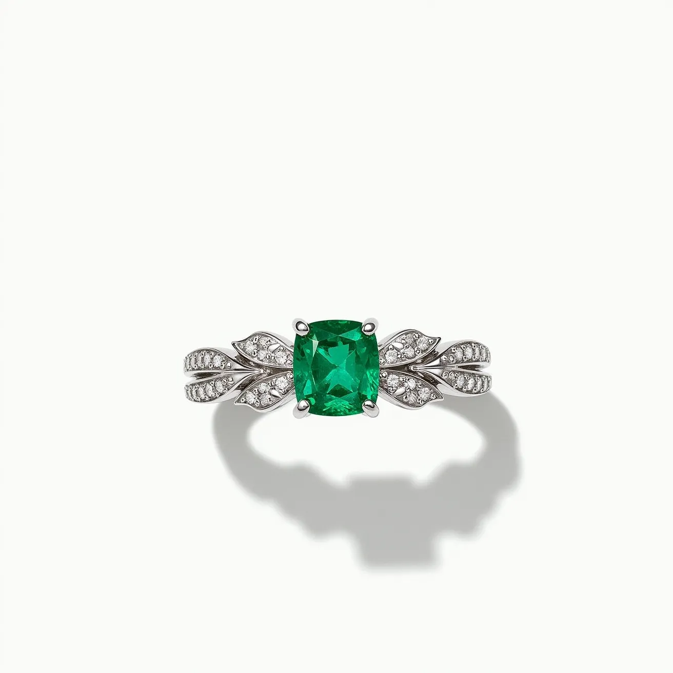 This pave ring features a central cushion-cut green gemstone, likely an emerald, set in a prong setting that highlights its vivid color and brilliance. The band showcases a decorative leaf motif adorned with small, round diamonds in a pave setting, enhancing its elegance and sparkle. The intricate design and combination of precious stones with a likely white gold or platinum band add to its sophisticated appearance, making it a striking piece of jewelry.