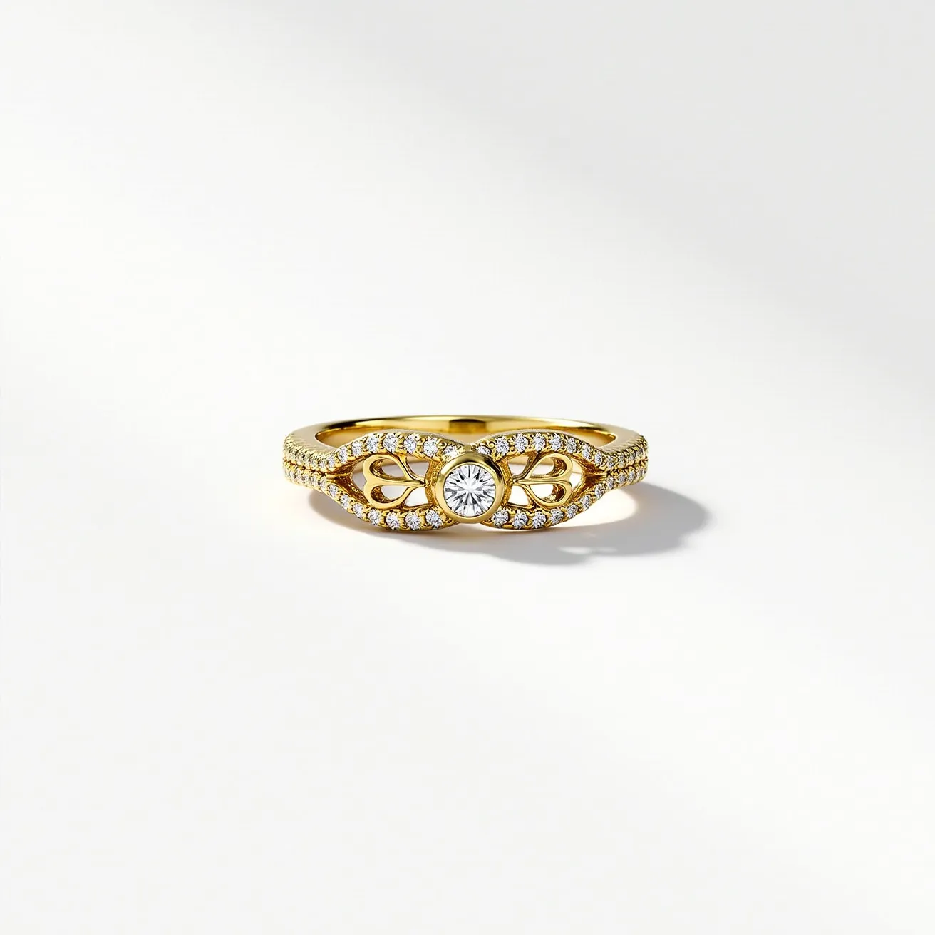 This pave ring features a beautifully crafted band made of gold, adorned with small round diamonds closely set in a pave style along the band and around the central motif. The centerpiece of the ring showcases a larger round-cut diamond set in a bezel setting, which is framed by delicate gold filigree details, adding an intricate and elegant touch to the overall design. The diamonds enhance the ring's luxurious appeal, while the gold filigree offers a vintage-inspired aesthetic. The ring does not include any visible clasp or attachment, emphasizing its continuous design suitable for everyday wear or special occasions.